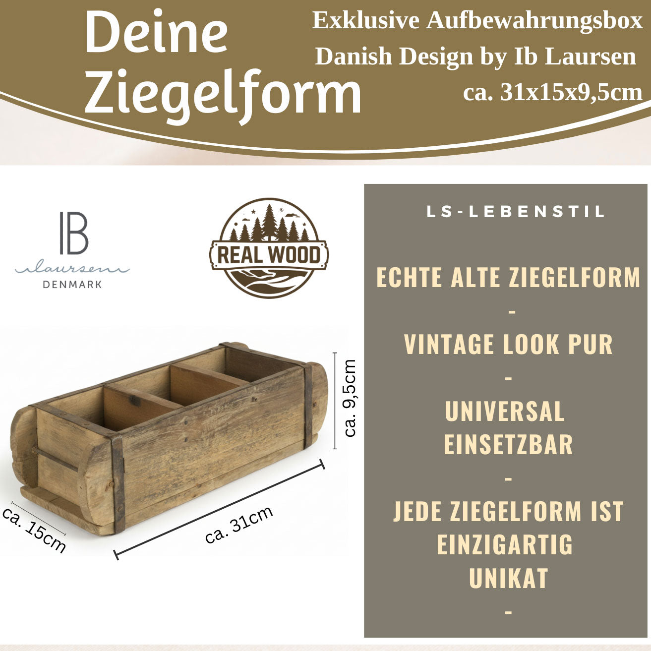 LS-LebenStil Möbel & Wohnen Ziegelform Unika 31cm Braun 3-fach Holzbox