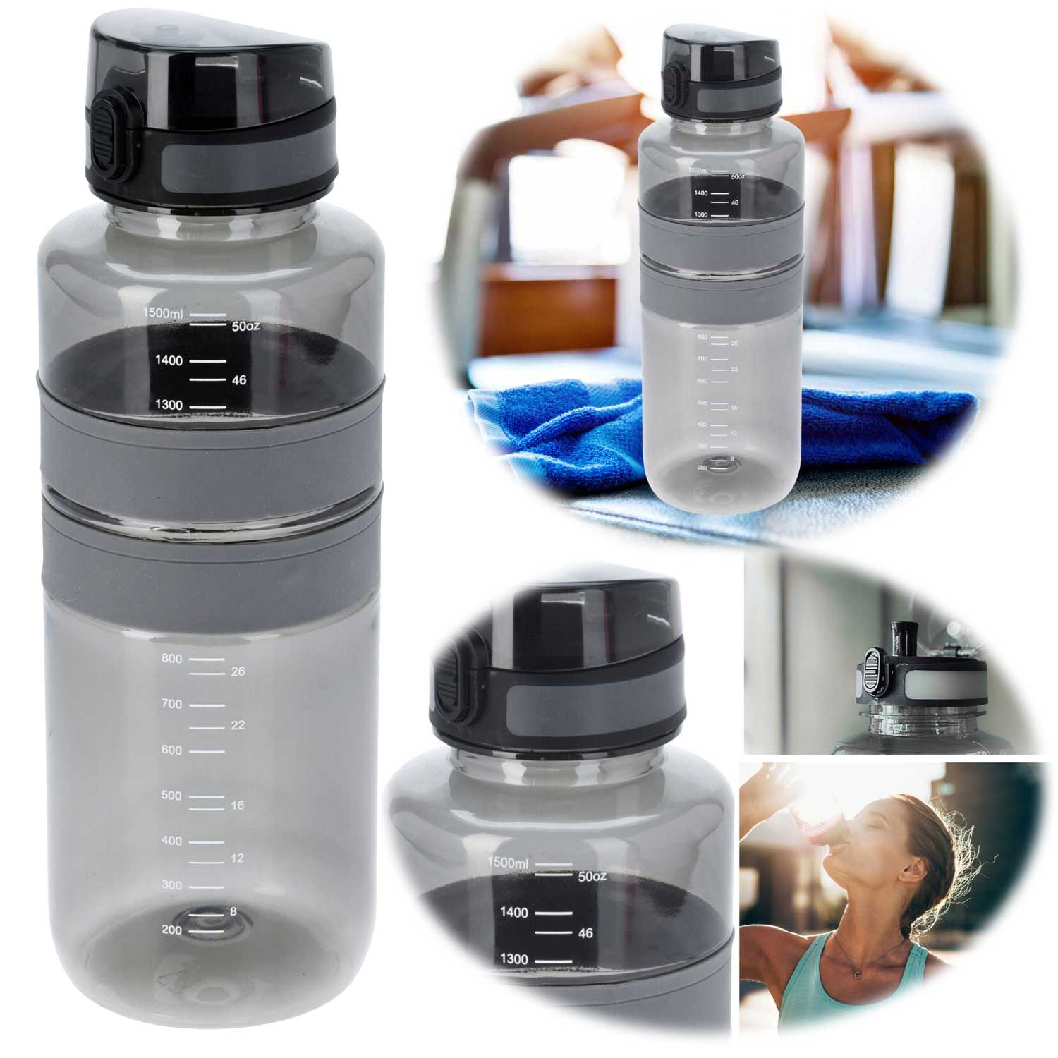 LS-LebenStil XL Sportflasche 1500ml Grau auslaufsicher