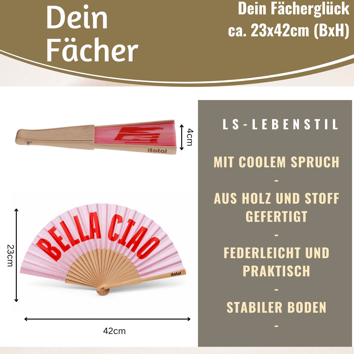 LS-LebenStil Shopper & Taschen Bella Ciao Handfächer Rosa Rot Holz