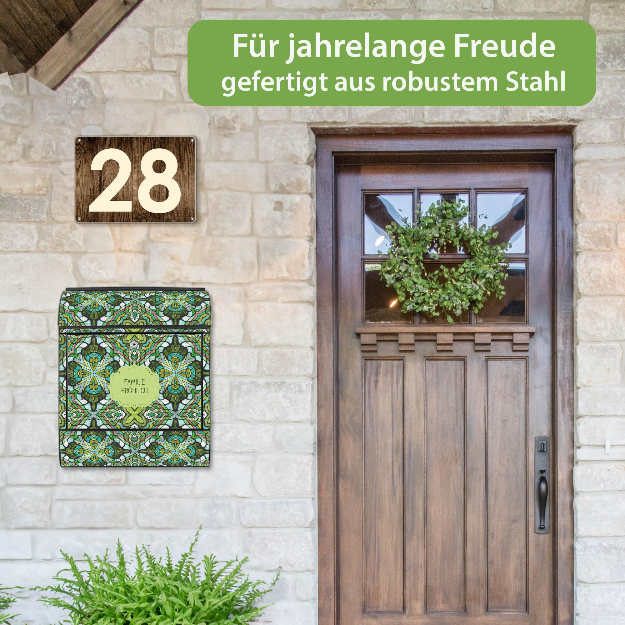 Banjado Briefkasten Grünes Muster Stahl 38,5x46,5x13 Schwarz