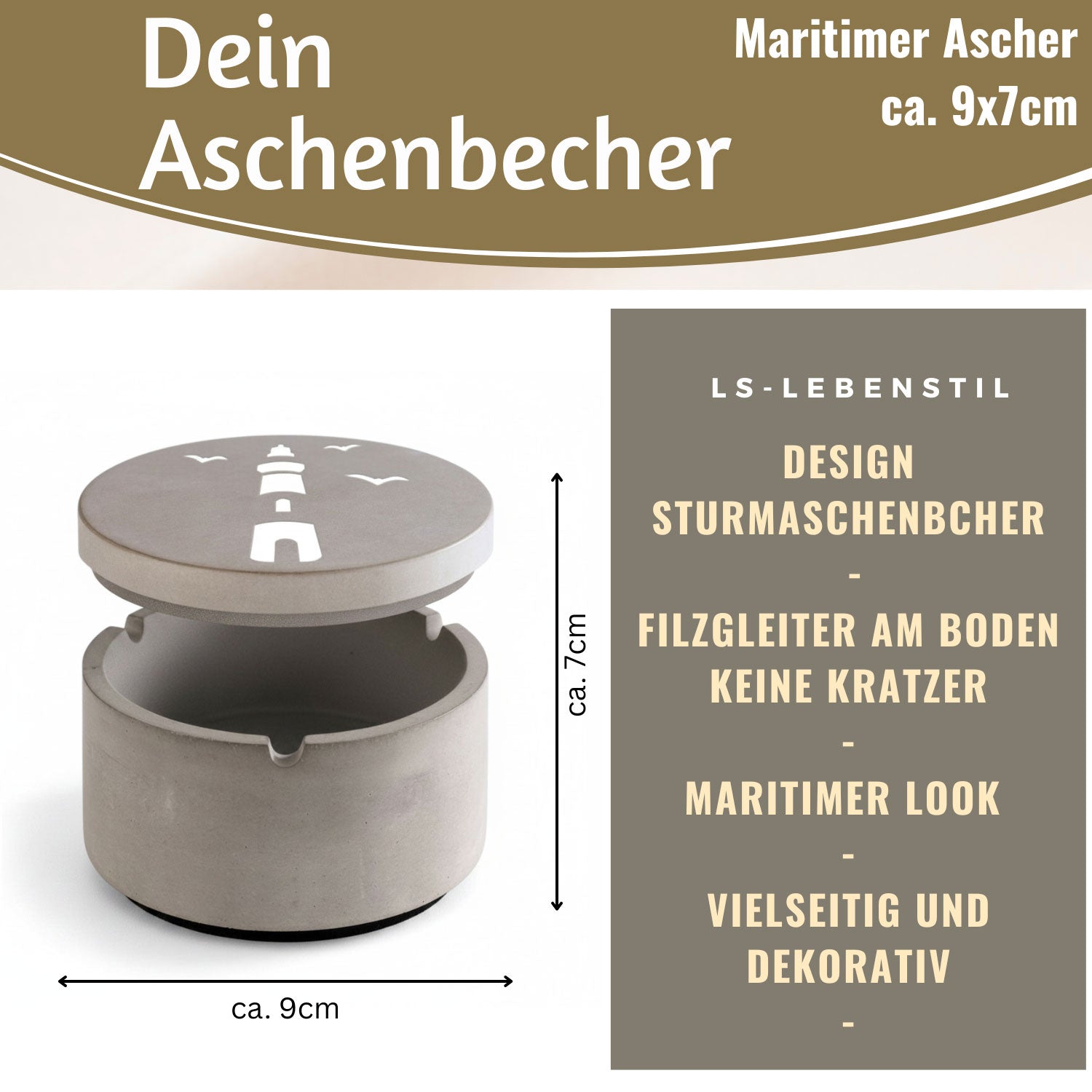 LS-LebenStil Sturmaschenbecher Leuchtturm grau 9x7cm Beton