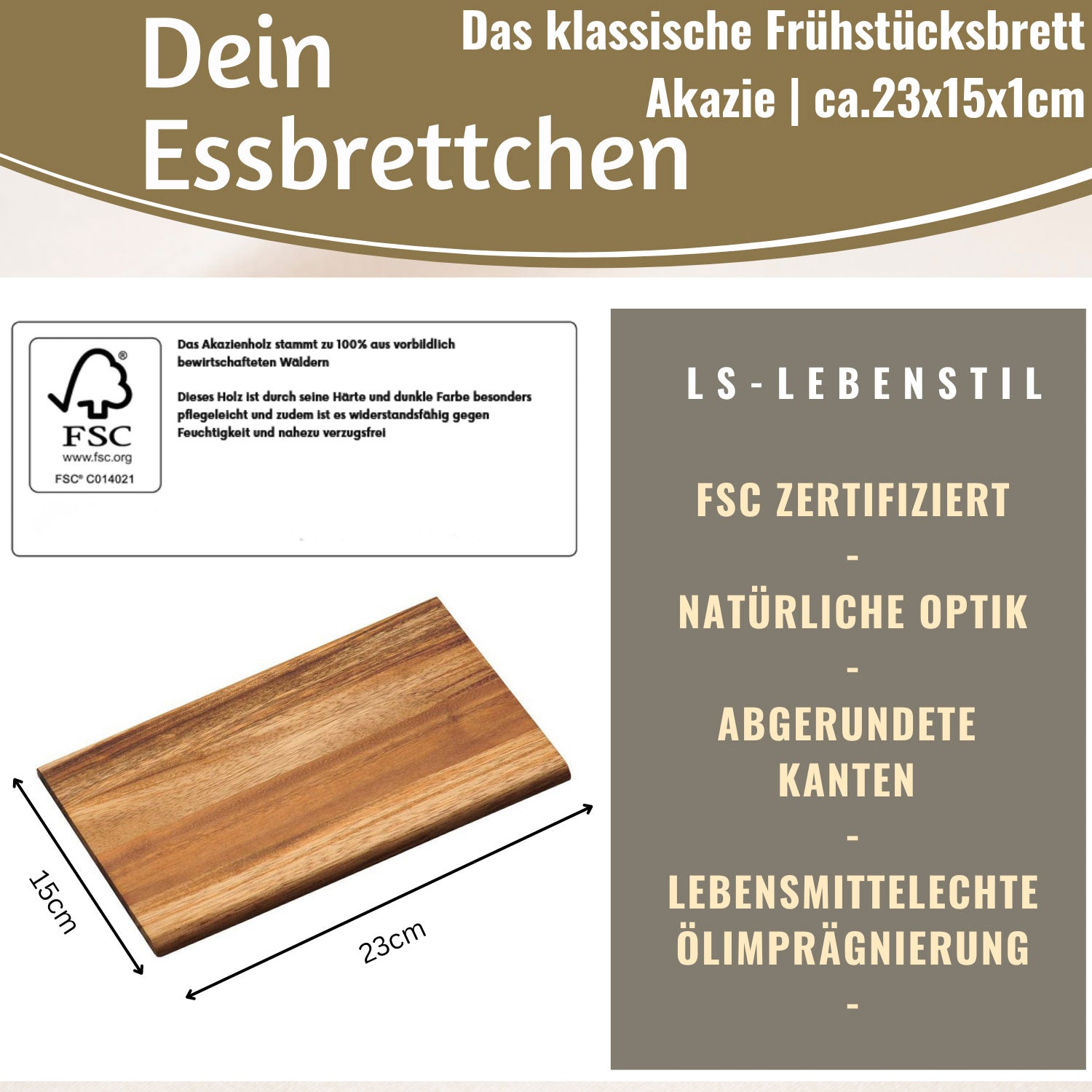 LS-LebenStil Frühstücksbrett Akazie Holzbrett 23x15cm