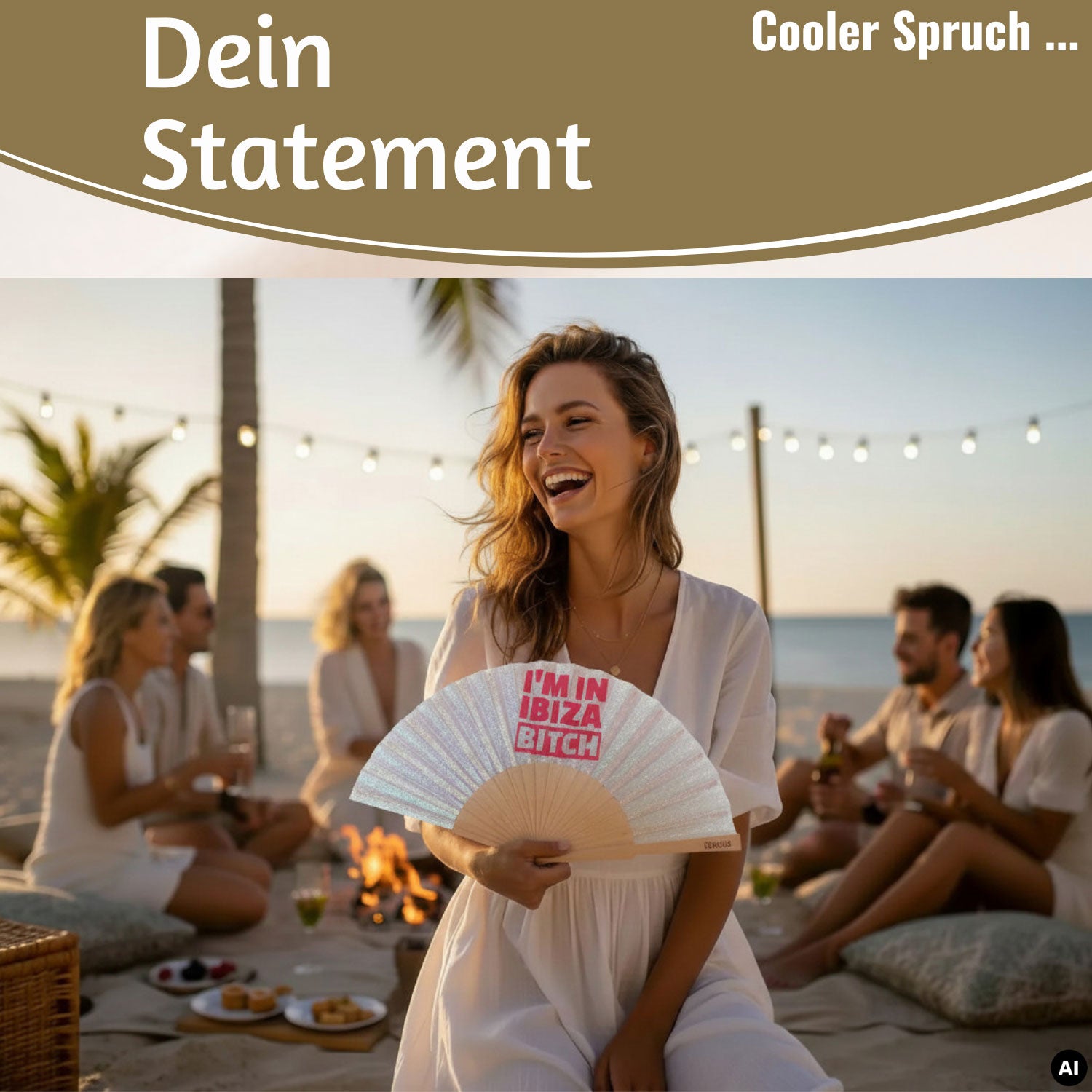 LS-LebenStil Shopper & Taschen Ibiza Bitch Fächer weiß silber 23x42cm