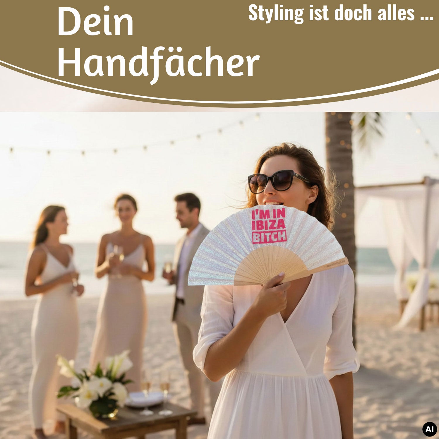LS-LebenStil Shopper & Taschen Ibiza Bitch Fächer weiß silber 23x42cm