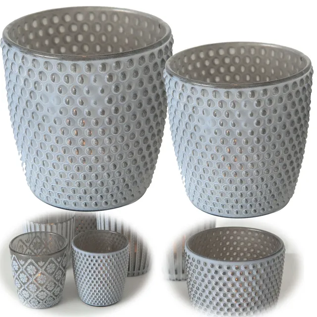 LS-LebenStil Retro Glas Teelichthalter Grau Punkte 2er Set