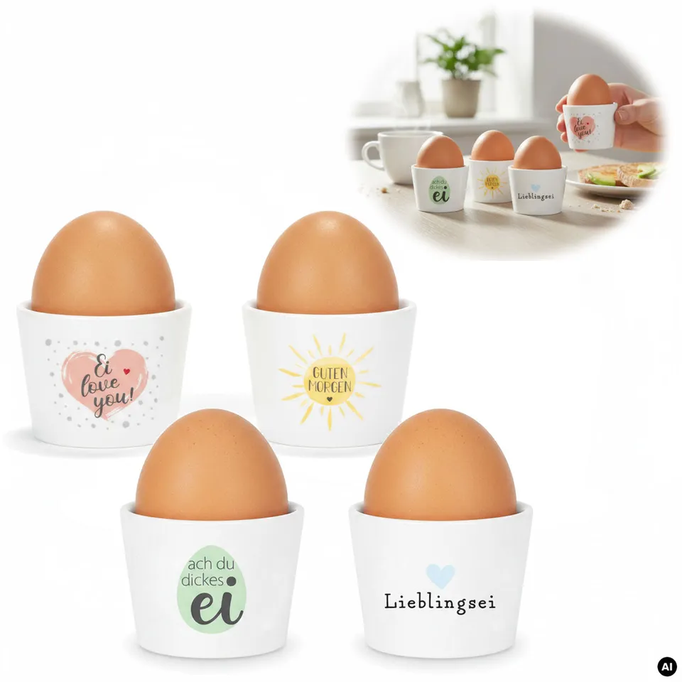 LS-LebenStil Eierbecher Porzellan 4er Set Sprüche Gute Laune