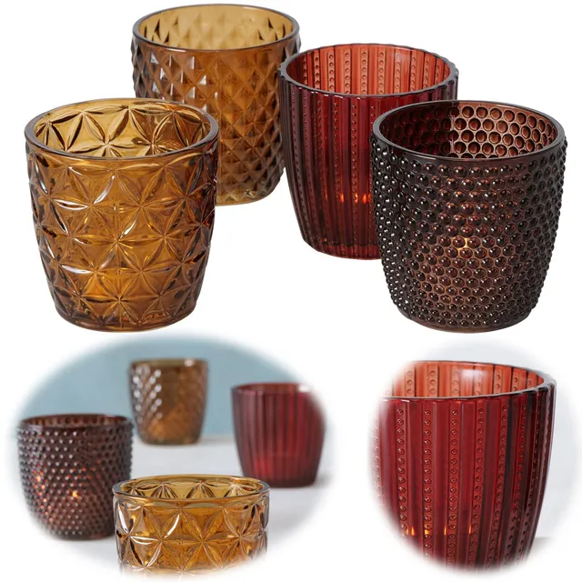 LS-LebenStil Teelichthalter Glas 4er Set Retro Rot-Braun 7cm