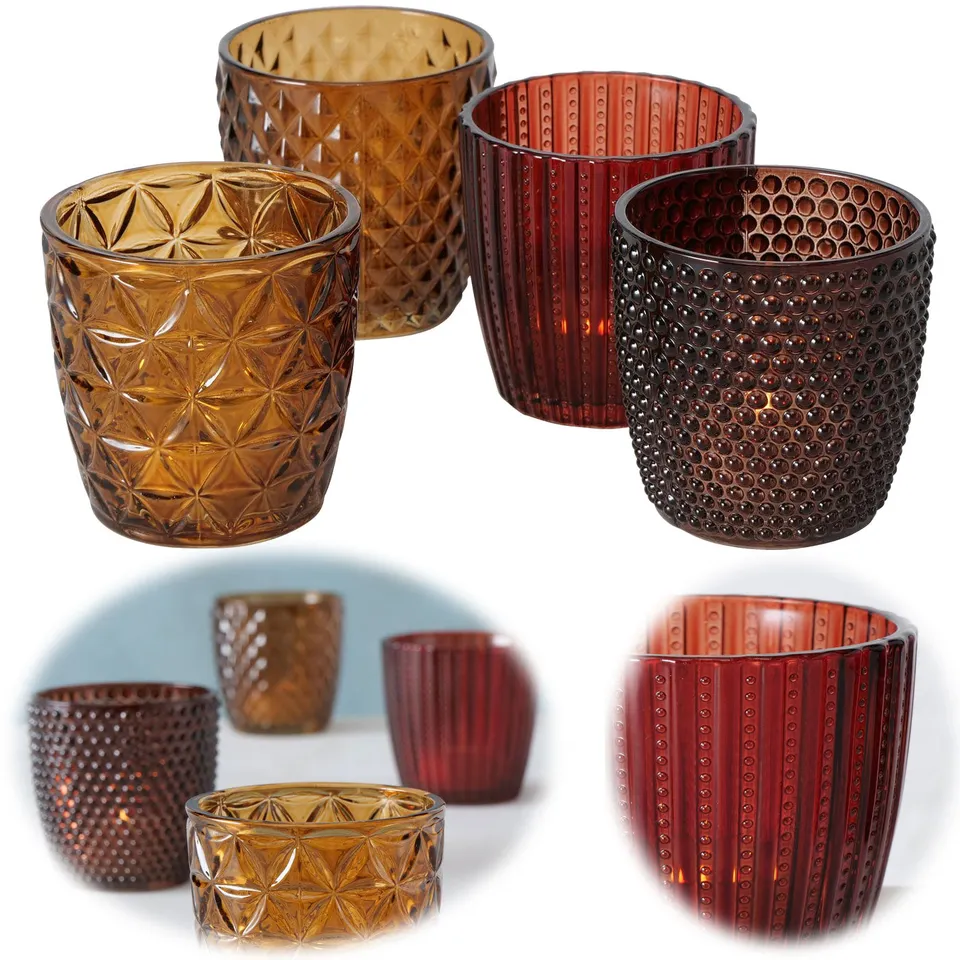 LS-LebenStil Teelichthalter Glas 4er Set Retro Rot-Braun 7cm