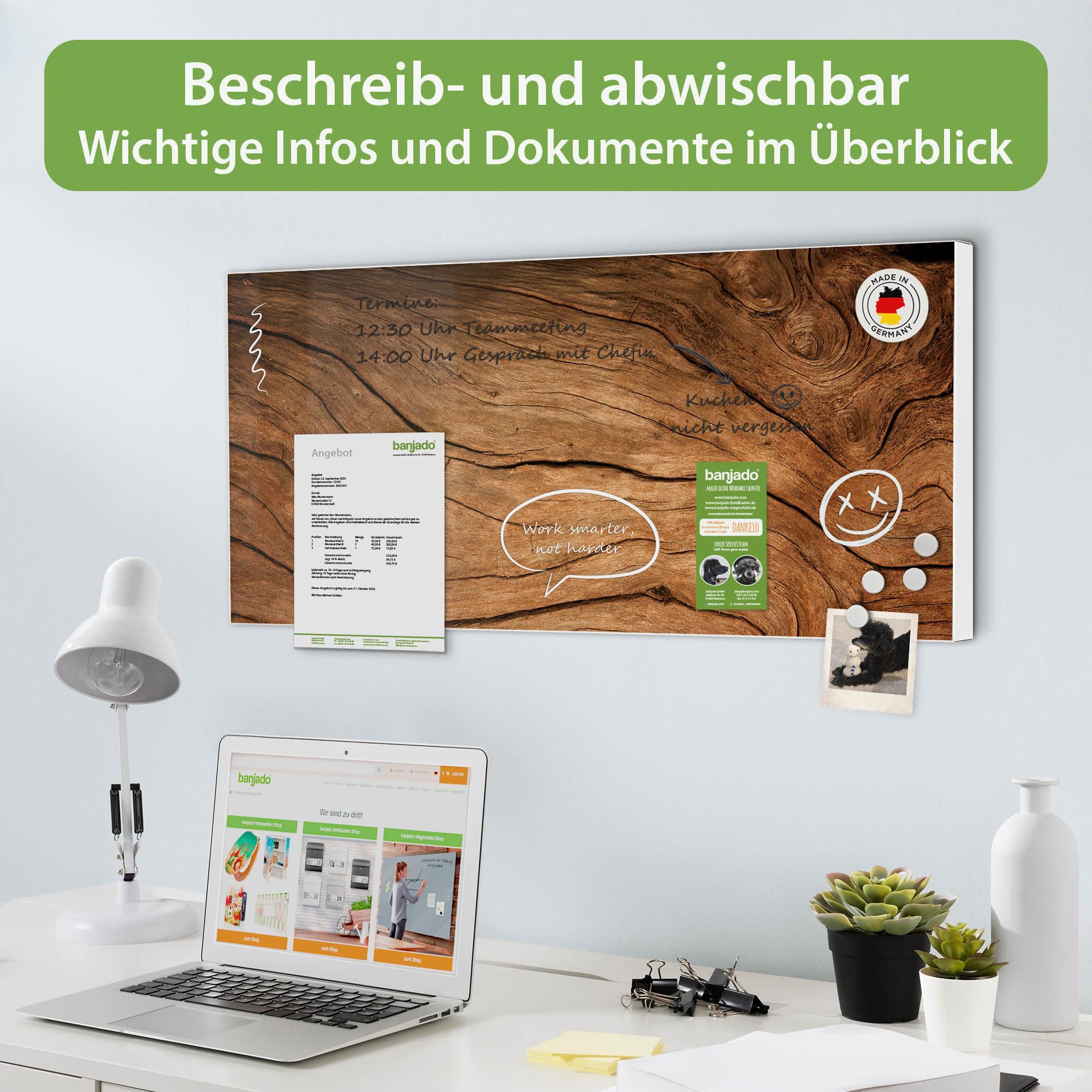 Banjado Magnettafel Metall 78x37 cm Trockenes Holz weiß beschreibbar