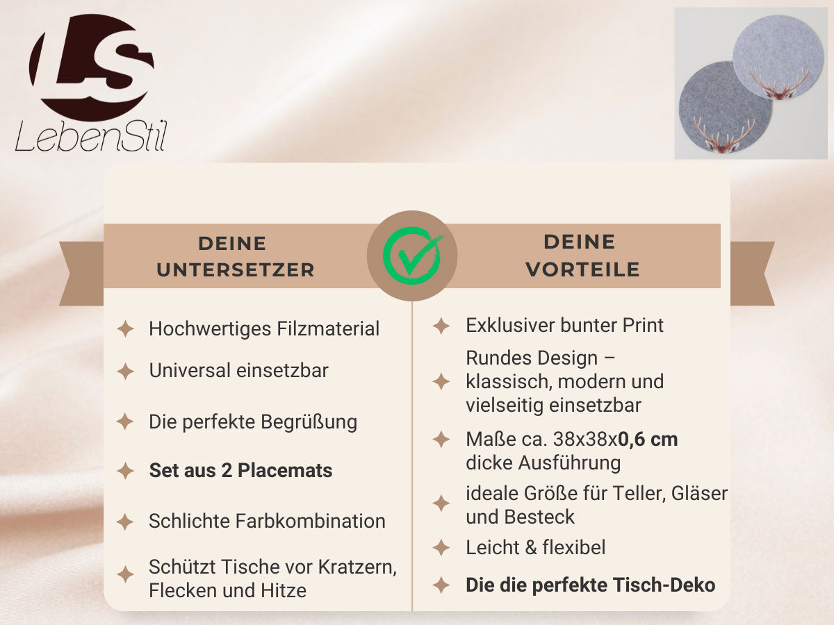 LS-LebenStil Tischset Filz Hirschgeweih Hellgrau 38cm 2er Set