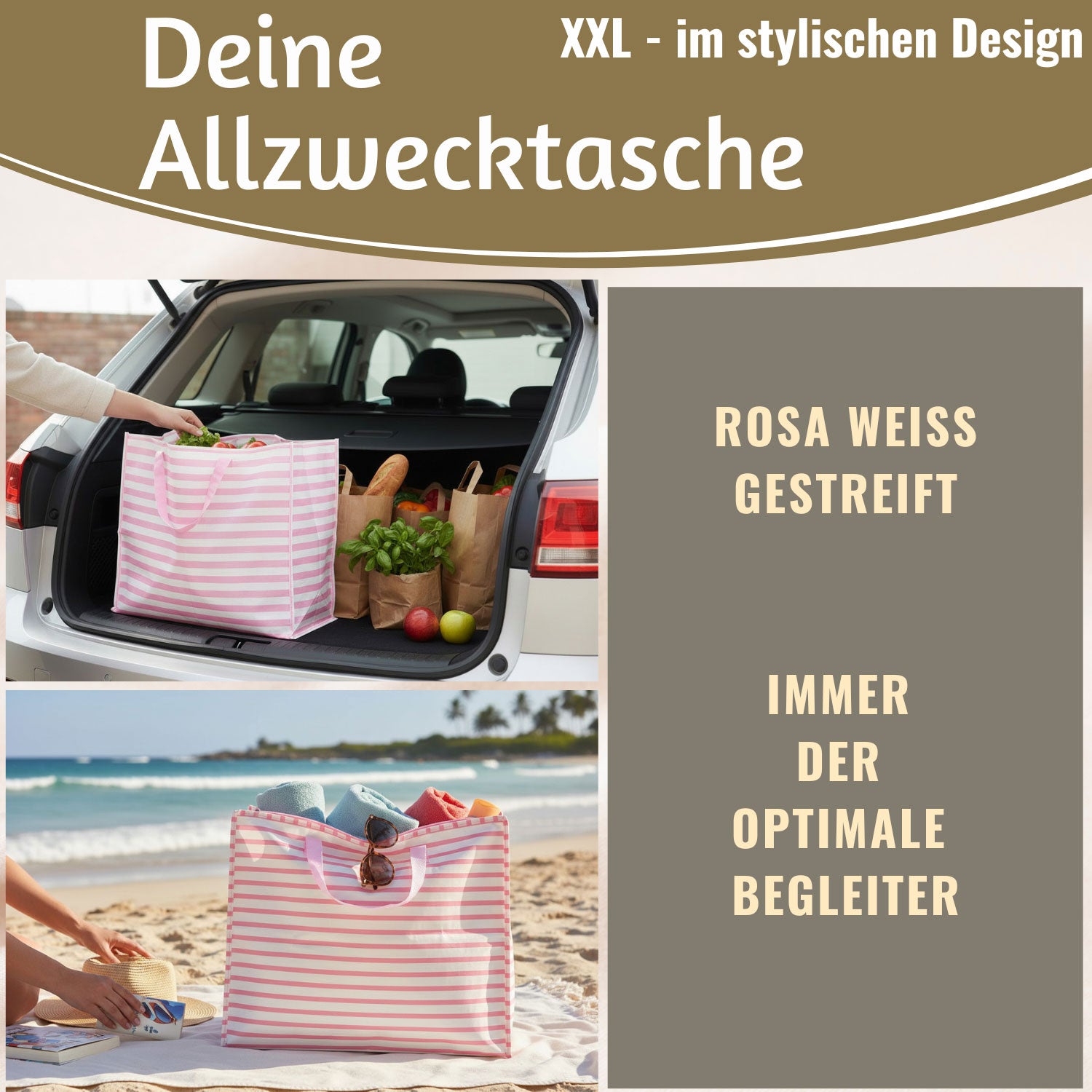 LS-LebenStil Shopper Jumbo Bag XXL Rosa Weiß 55cm Streifen