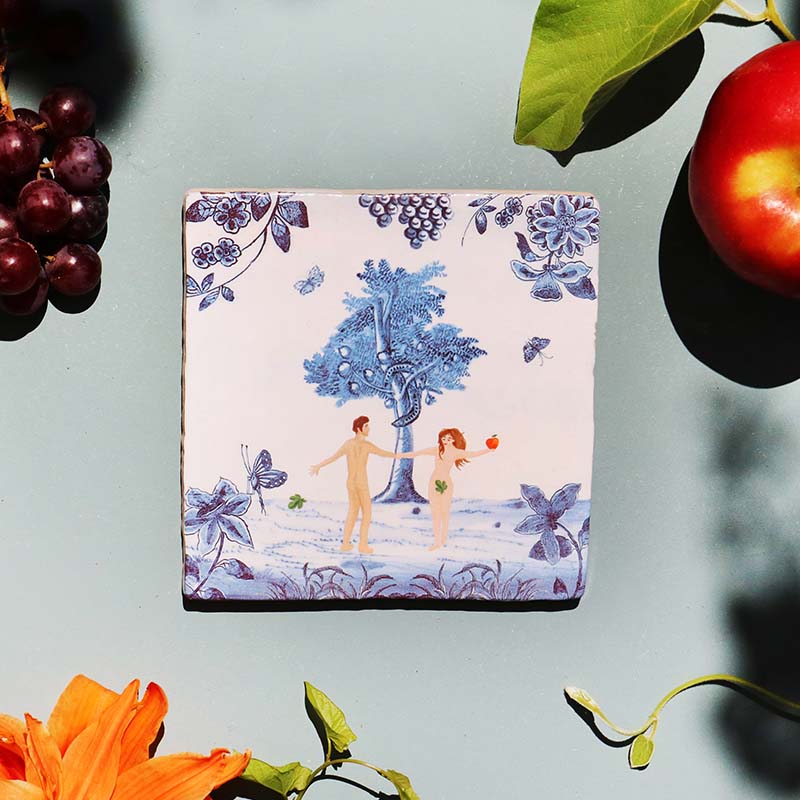 Storytiles Delft Blue Adam Eva Fliese 10x10 cm Liebe