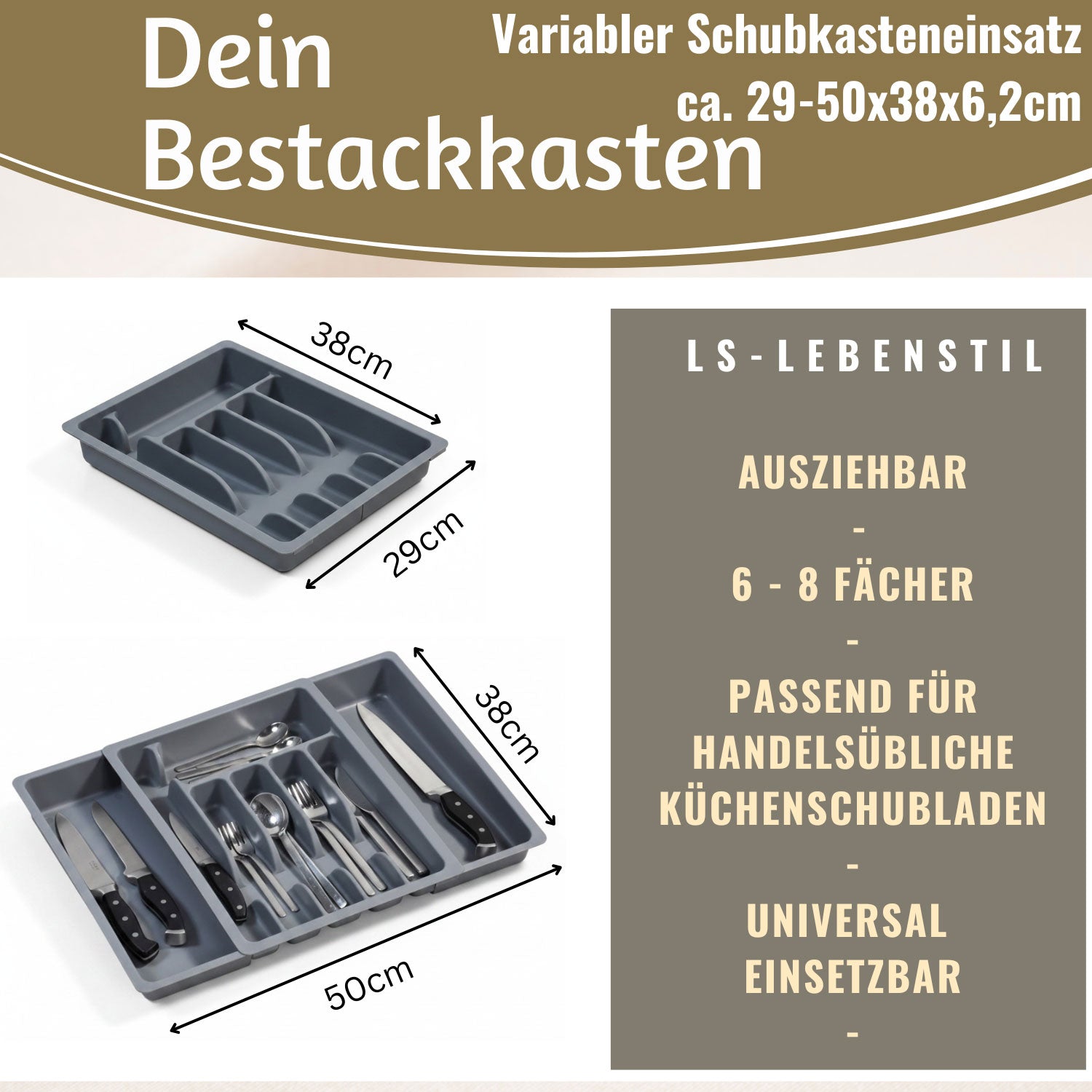 LS-LebenStil Besteckkasten 29-50cm Grau Ausziehbar Organizer