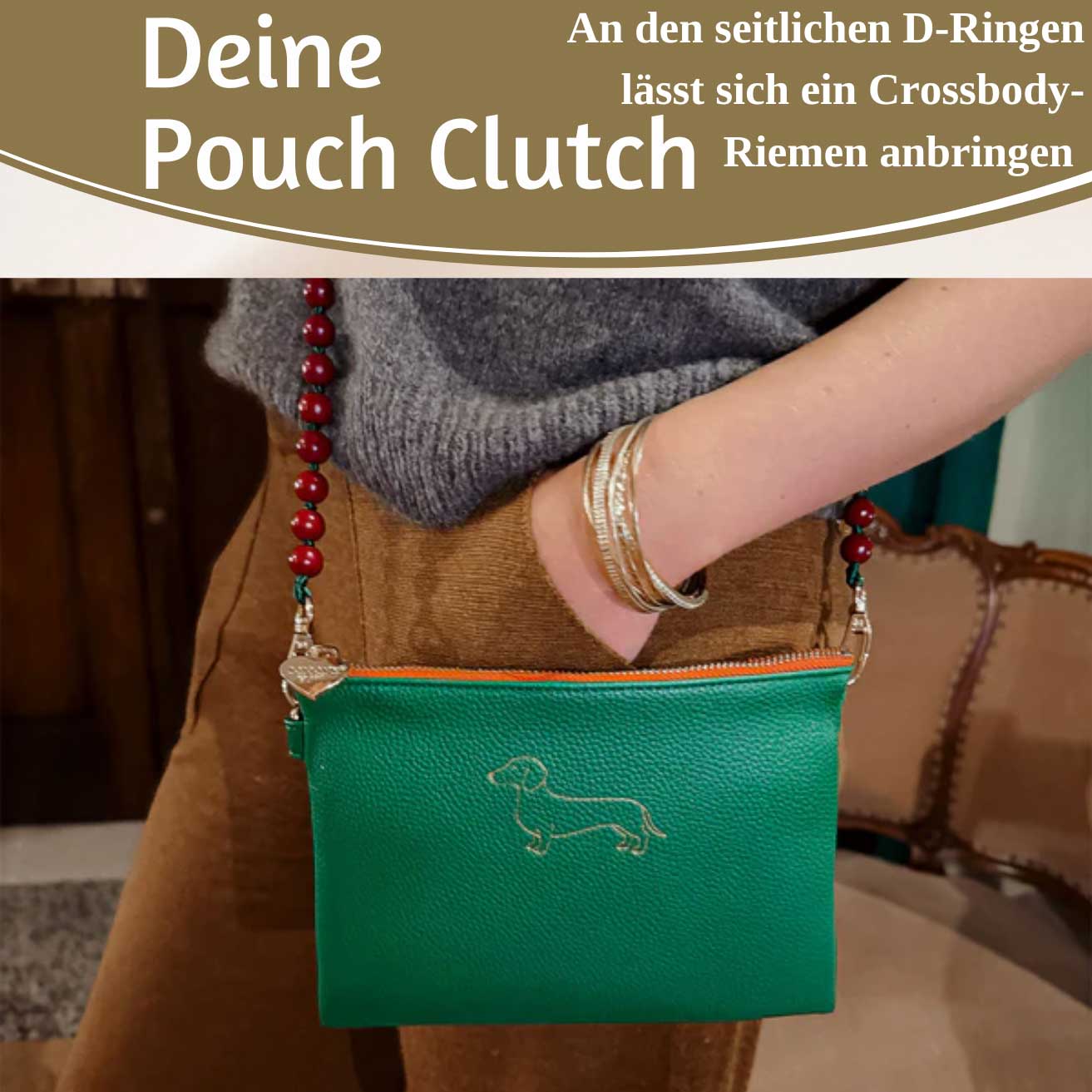 Mimi's Glow Lia Clutch Dackel 22cm Grün PU-Leder