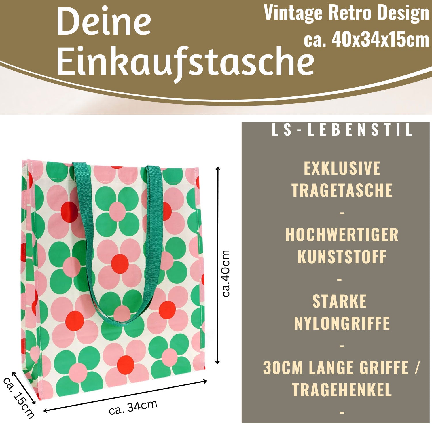 LS-LebenStil Retro Shopper Daisy pink-grün faltbar 40x34x15 cm