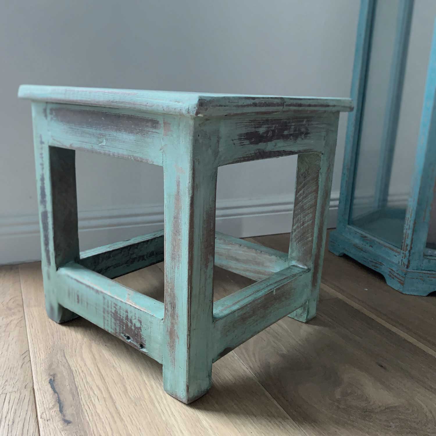 LS-LebenStil Möbel & Wohnen Vintage Fußhocker Holz Türkis 26cm