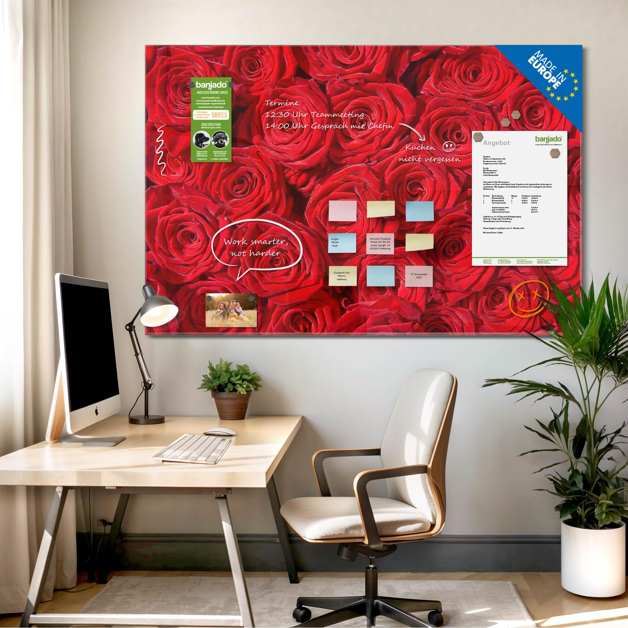 Banjado Magnettafel Rosenbett Glas-Memoboard 120x80 cm