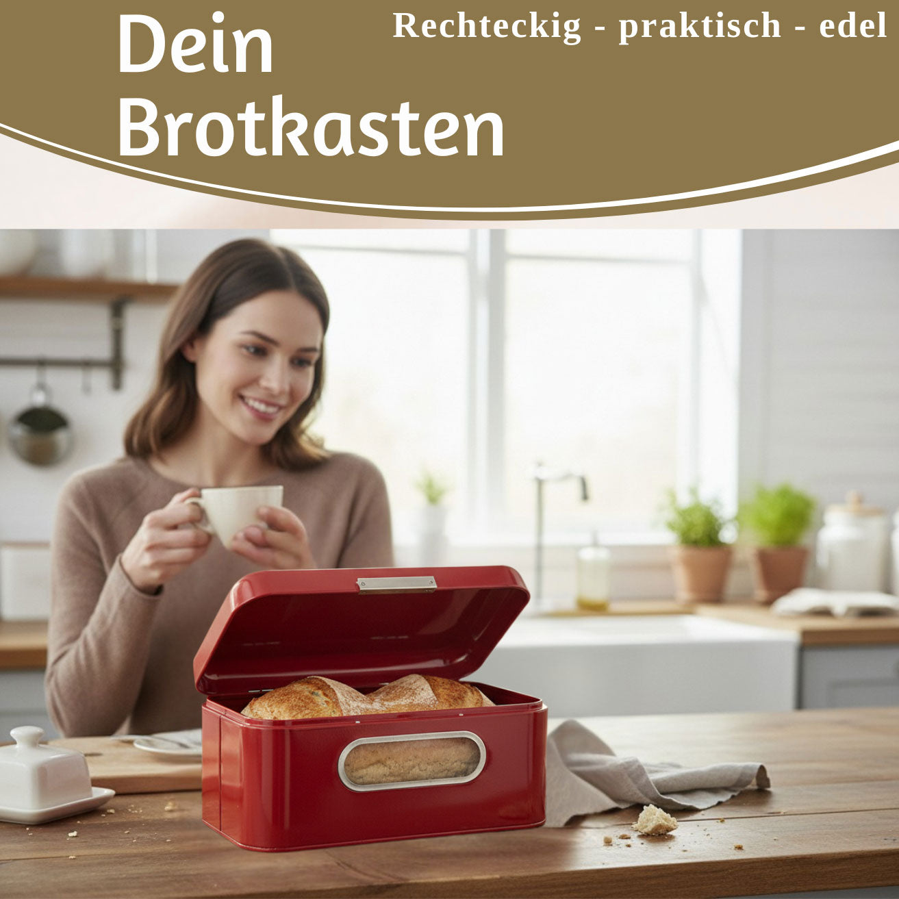 LS-LebenStil Vintage Brotkasten Rot Metall 30cm mit Deckel