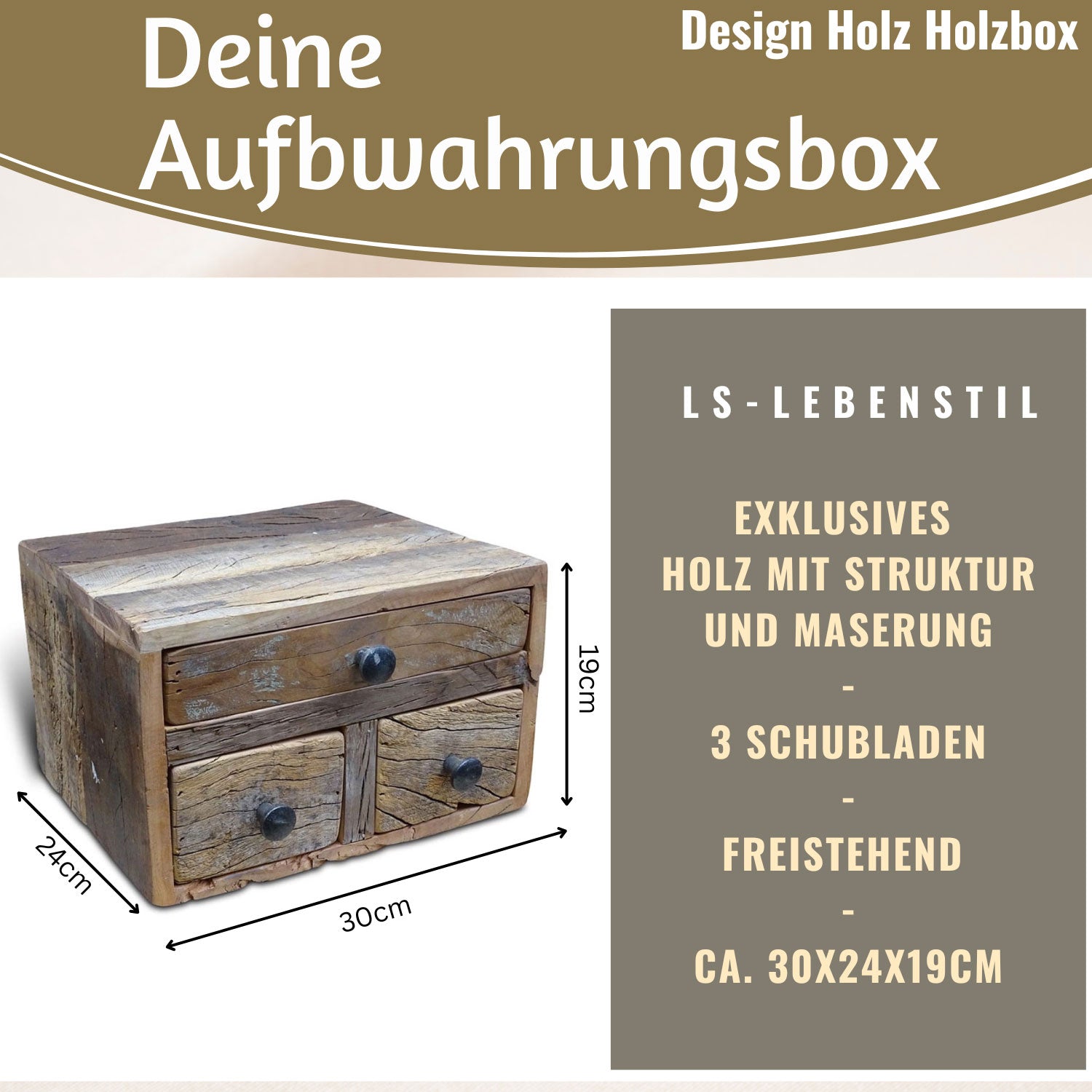 LS-LebenStil Möbel & Wohnen Aufbewahrungsbox Dehli Holz 30cm braun