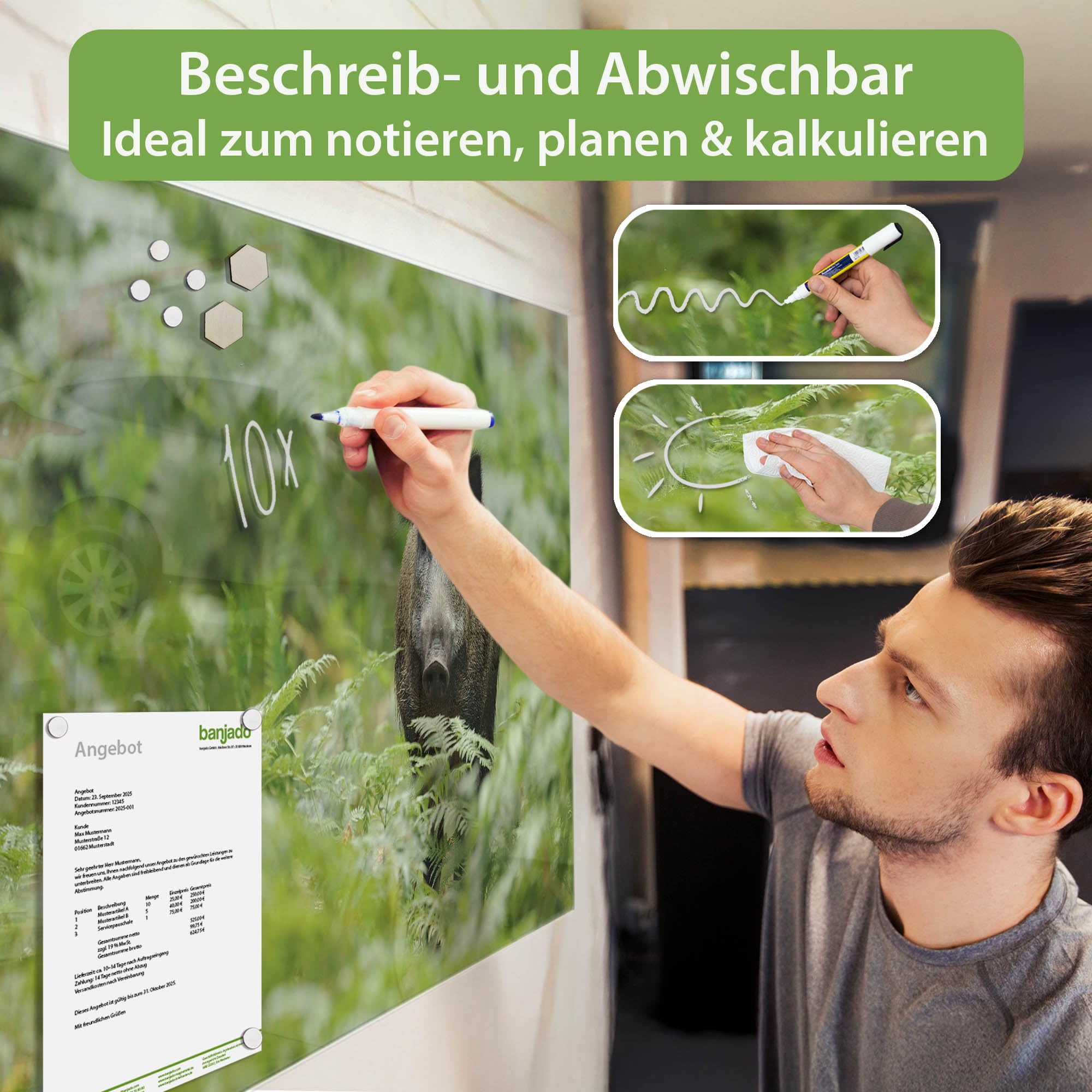 Banjado Magnettafel Wildschwein Glasmagnettafel 120x80 cm