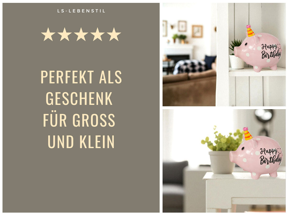 LS-LebenStil Sparschwein Keramik Spardose rosa Happy Birthday 14 cm