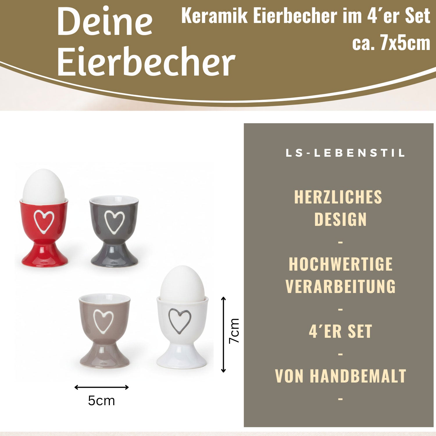 LS-LebenStil Küche & Haushalt Herz 4er Set Eierbecher Keramik 7cm