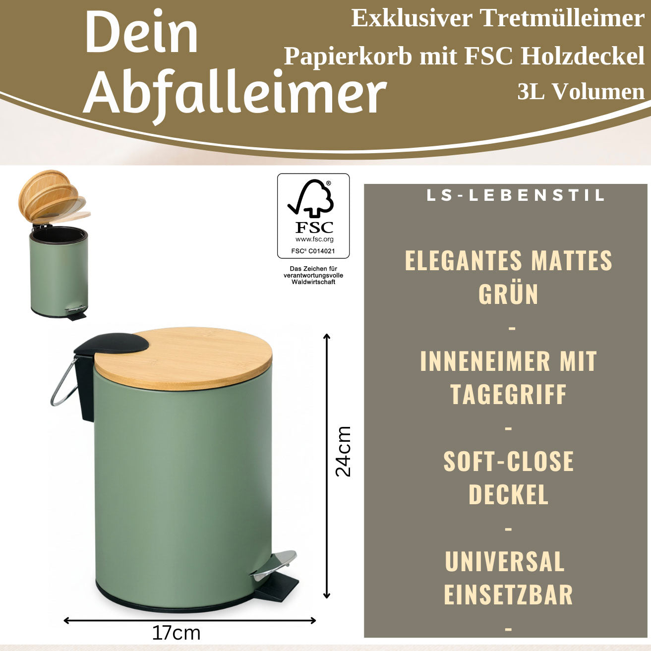 LS-LebenStil Tretmülleimer 3L Grün Rund Soft Close