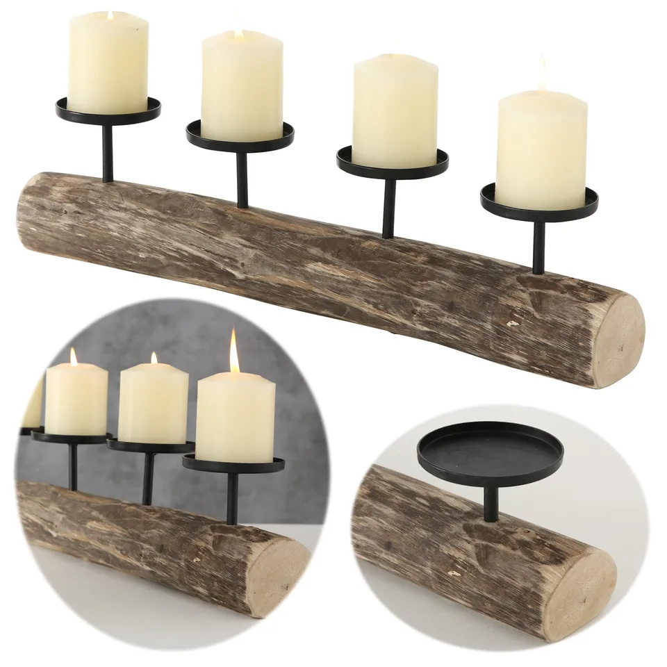 LS-LebenStil Kerzenschale Holz Braun 51cm 4-fach Stumpenkerzen