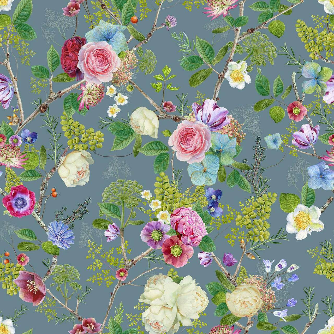 Mineheart Floral Spring Tapete Blaugrau Grün Vlies