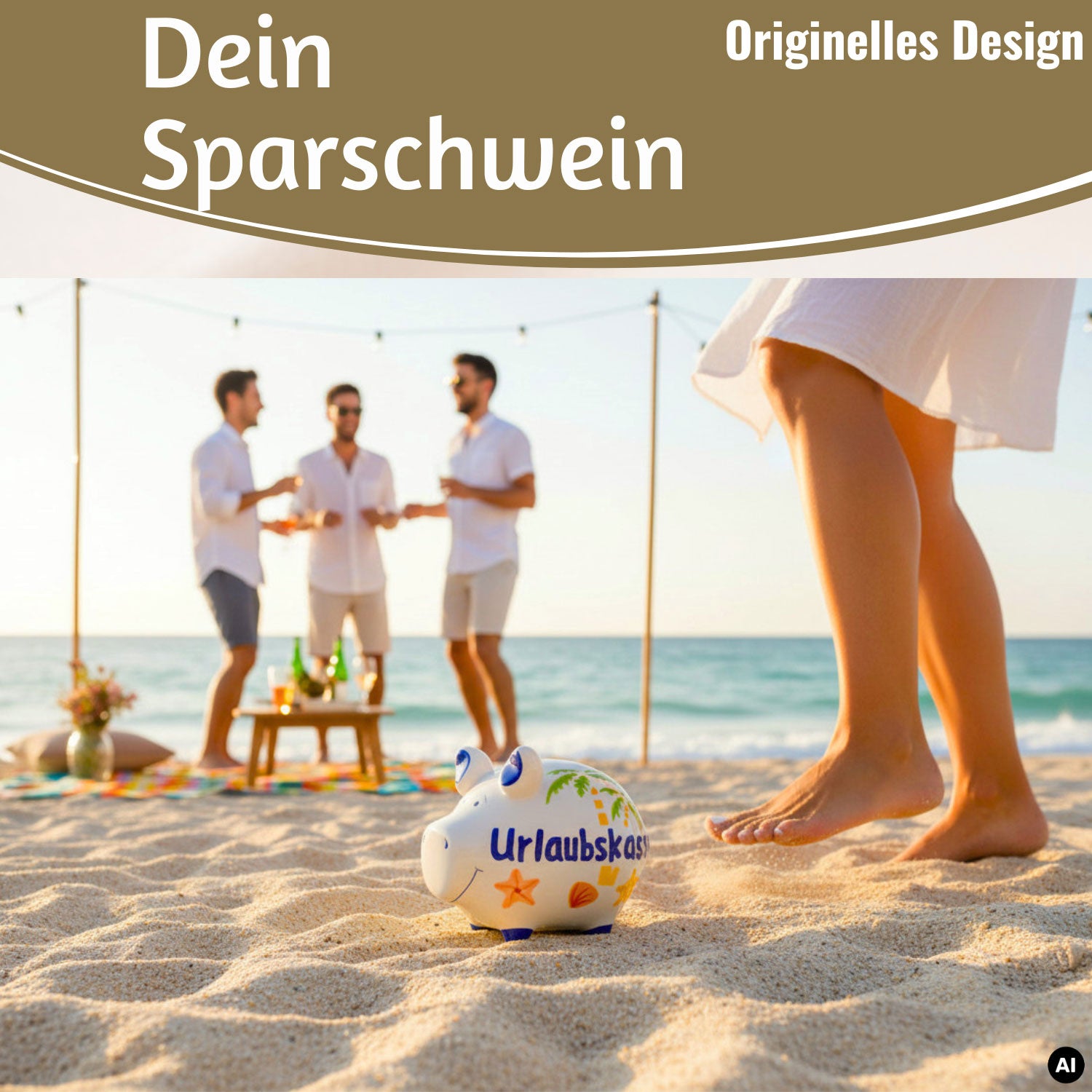 LS-LebenStil Sparschwein Urlaubskasse Keramik weiß-blau