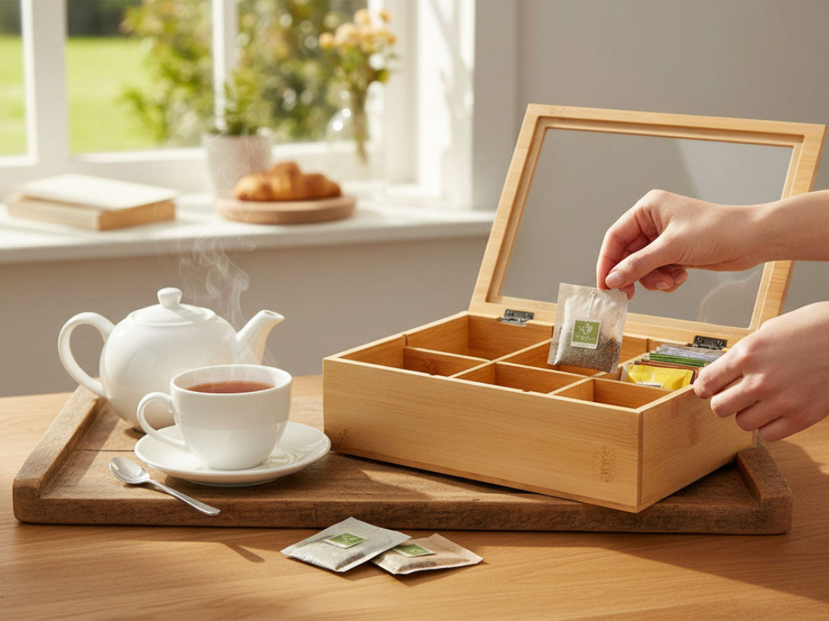 LS-LebenStil Teebox Bambus Holzbox 6 Fächer mit Deckel
