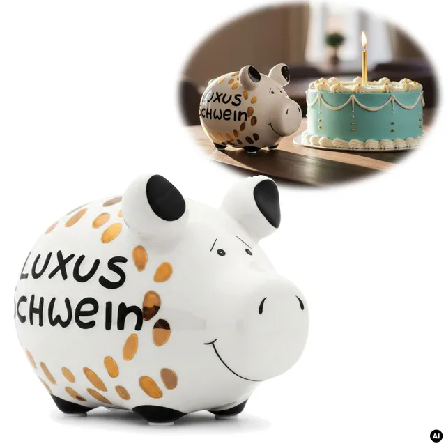 LS-LebenStil Luxus Schwein Sparschwein 12,5cm weiß gold Keramik