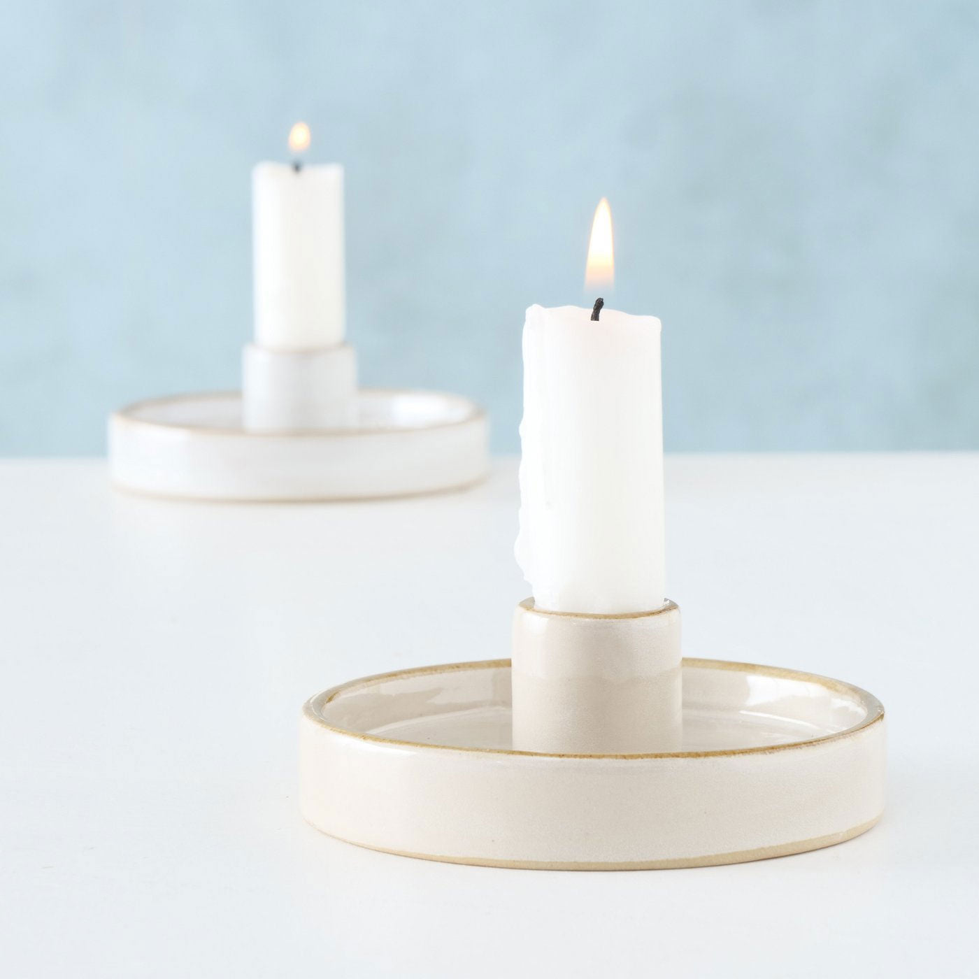LS-LebenStil Keramik Kerzenständer 2er Set 10cm Beige Grau