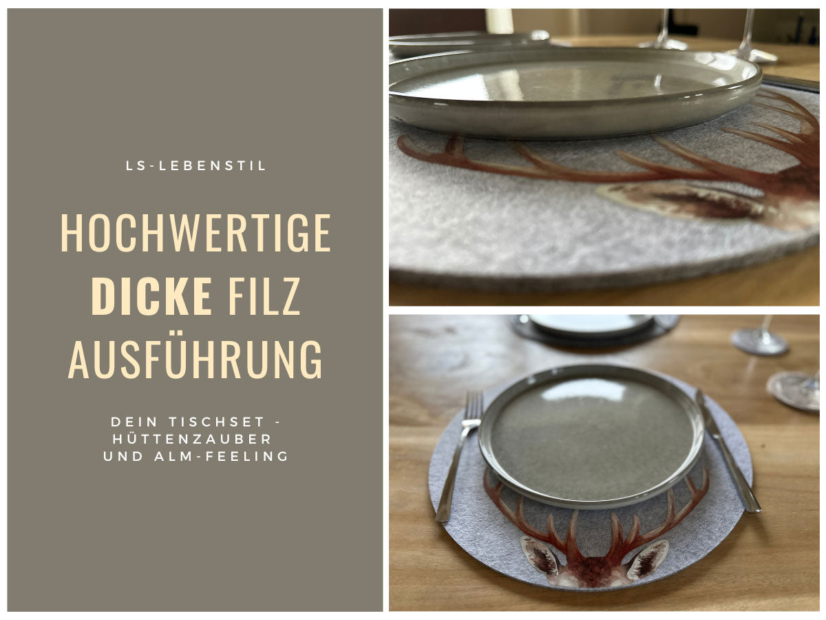LS-LebenStil Tischset Filz Hirschgeweih Hellgrau 38cm 2er Set