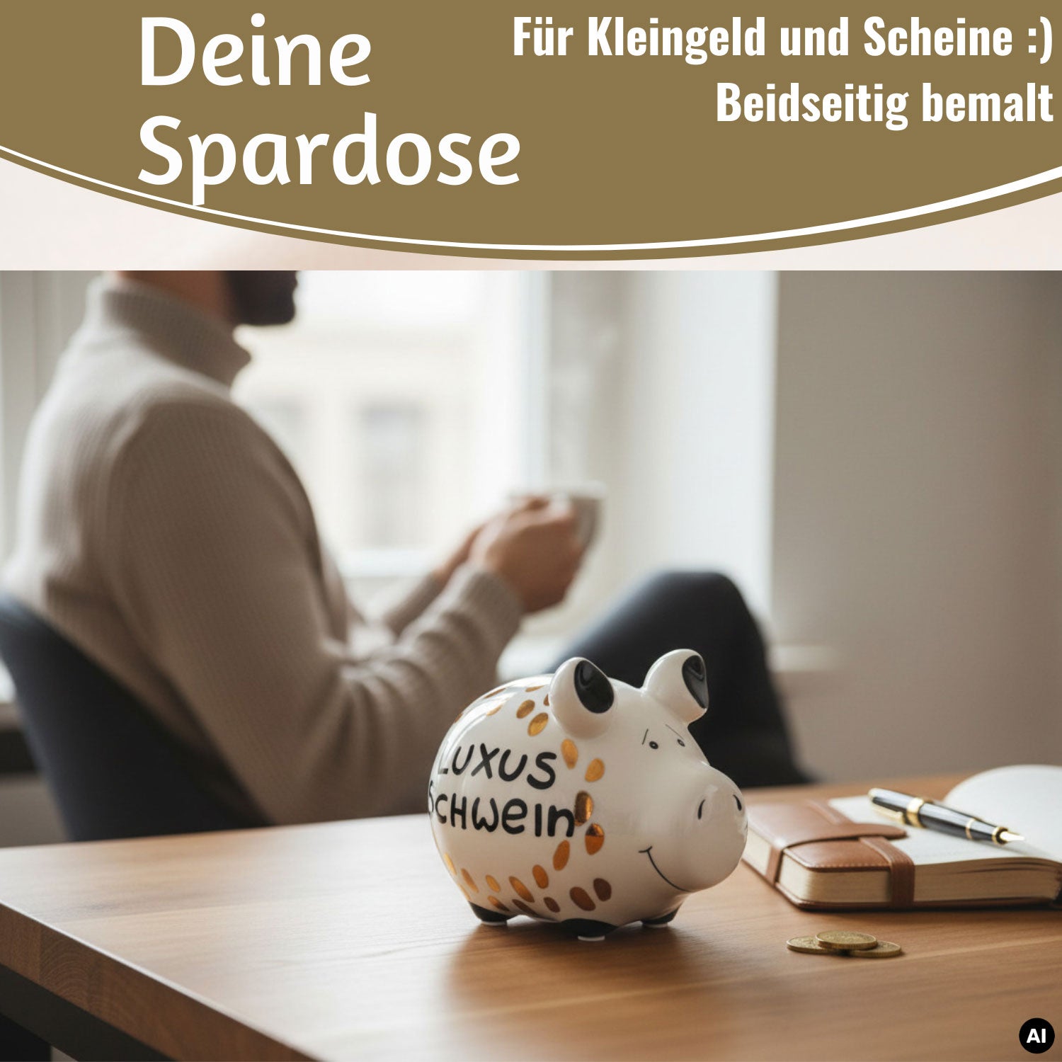 LS-LebenStil Luxus Schwein Sparschwein 12,5cm weiß gold Keramik