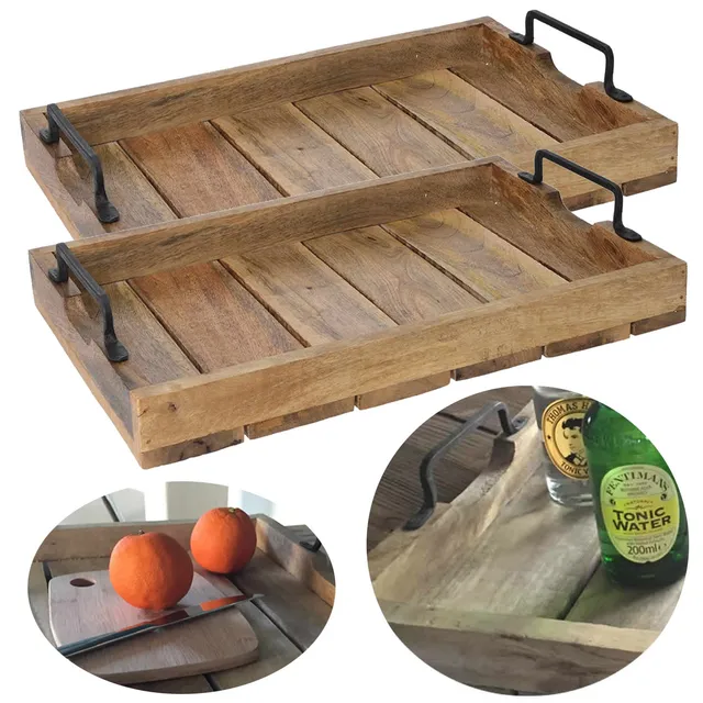 LS-LebenStil Delhi L Serviertablett Holz 2er Set 38cm Braun Mango