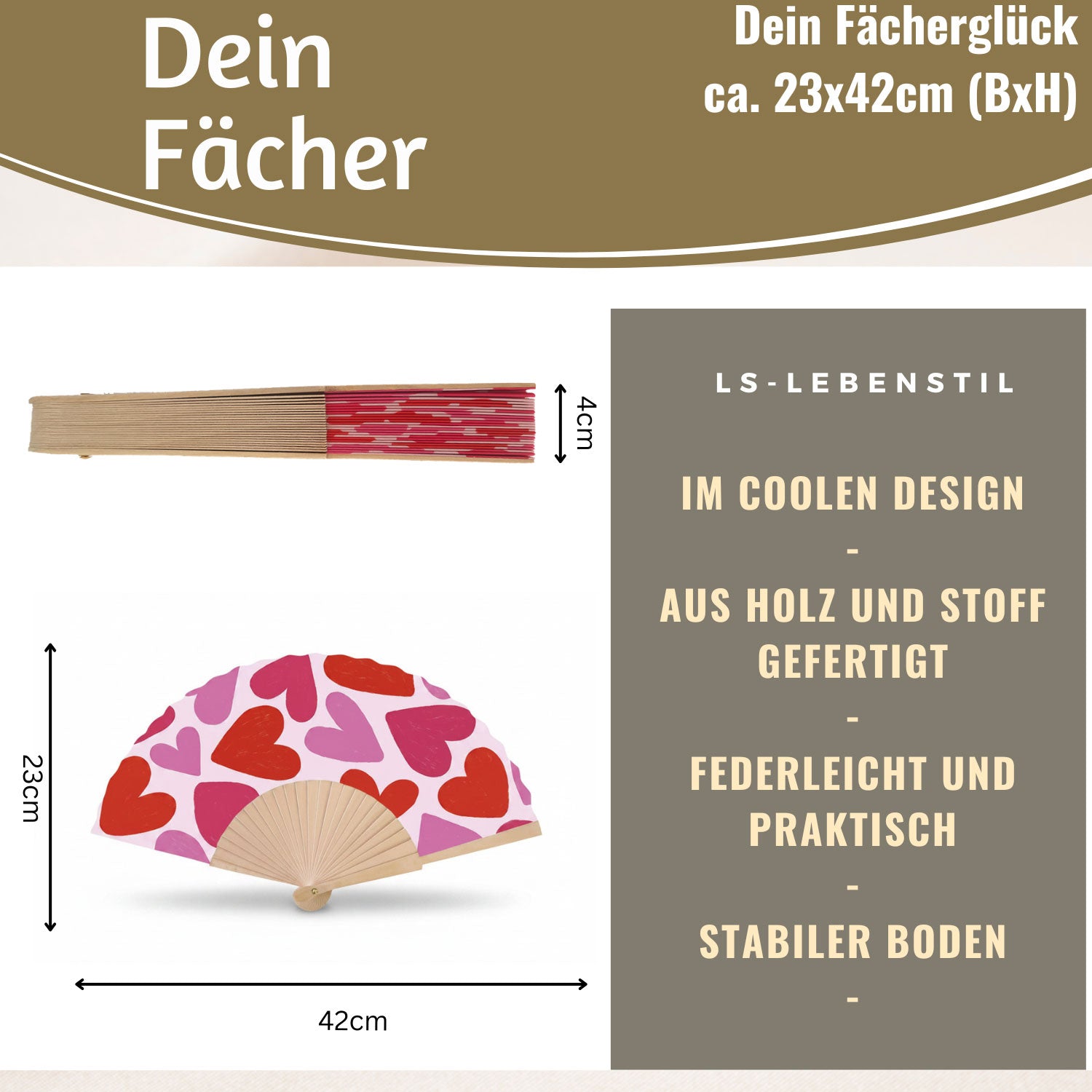 LS-LebenStil Herzen Handfächer Holz Stoff Rot Pink 42cm faltbar