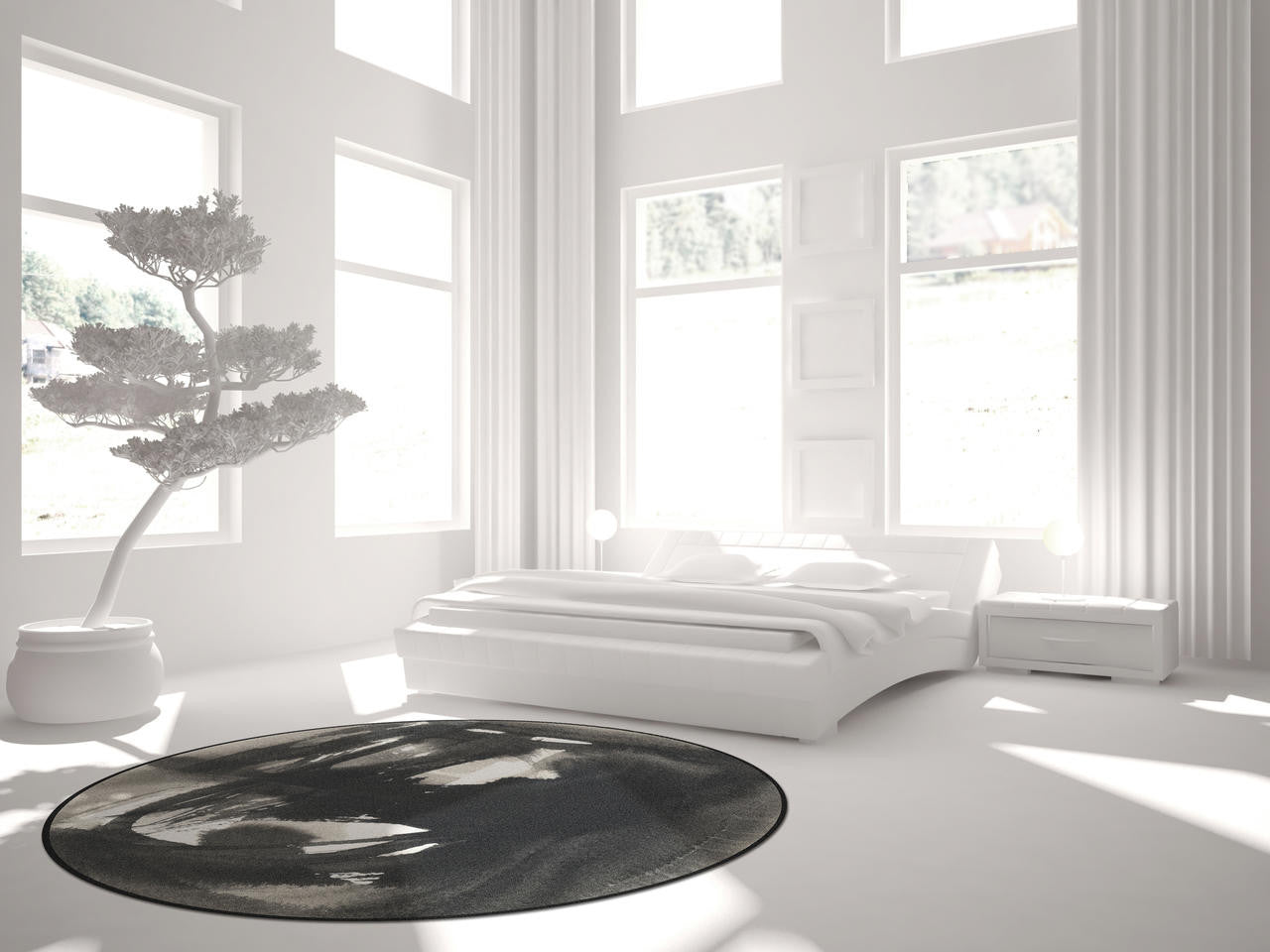 Mineheart Rugs Ink Flow 1 Teppich Rund Grau Weiß 200 cm