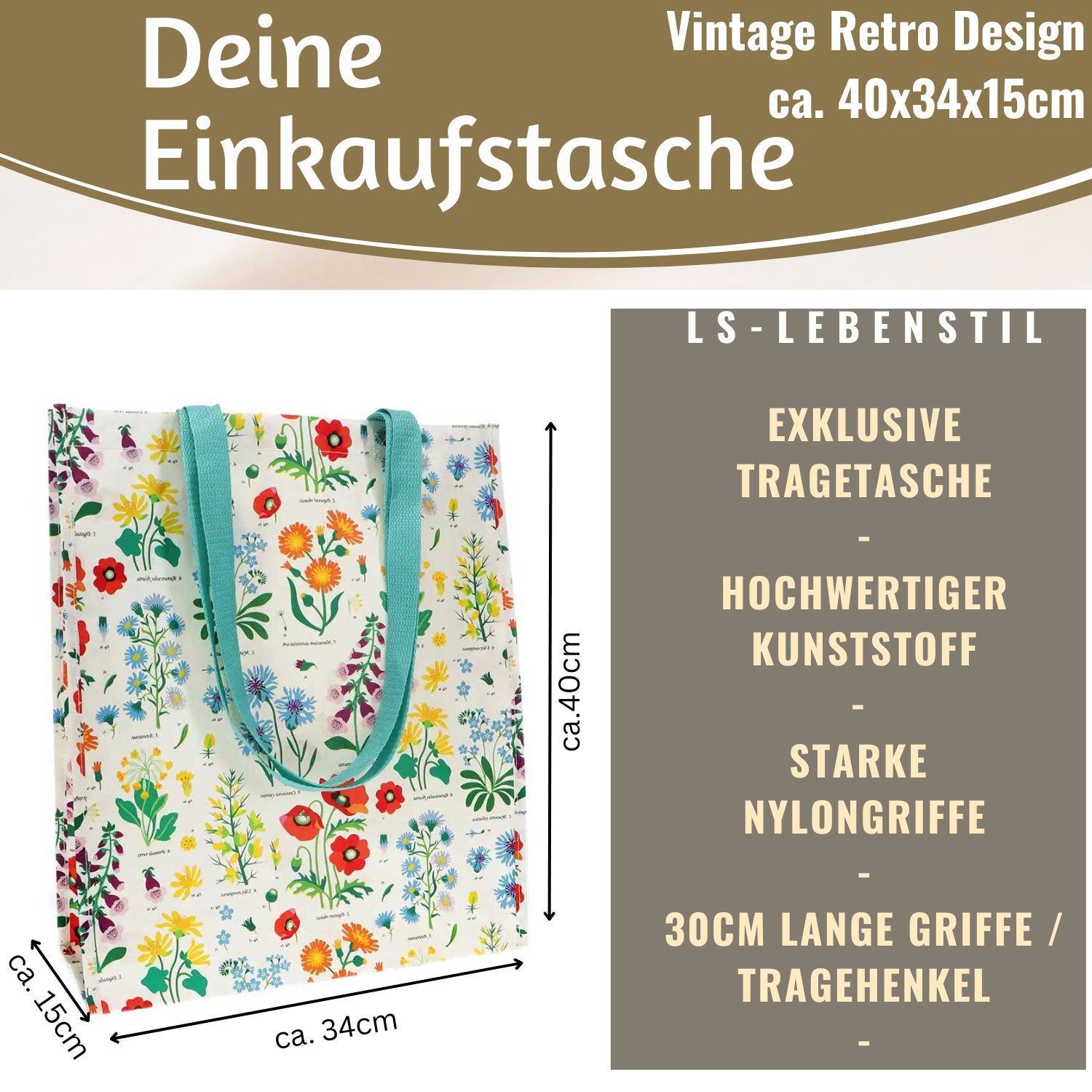 LS-LebenStil Retro Shopper Wild Flowers faltbar 40x34cm