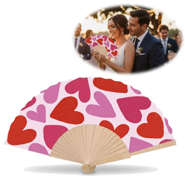 LS-LebenStil Herzen Handfächer Holz Stoff Rot Pink 42cm faltbar