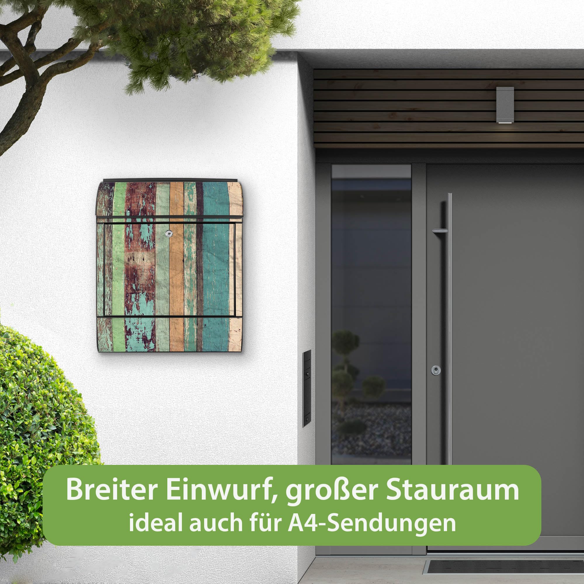 Banjado Briefkasten Bunte Bretterwand Stahl schwarz 38,5x46,5cm
