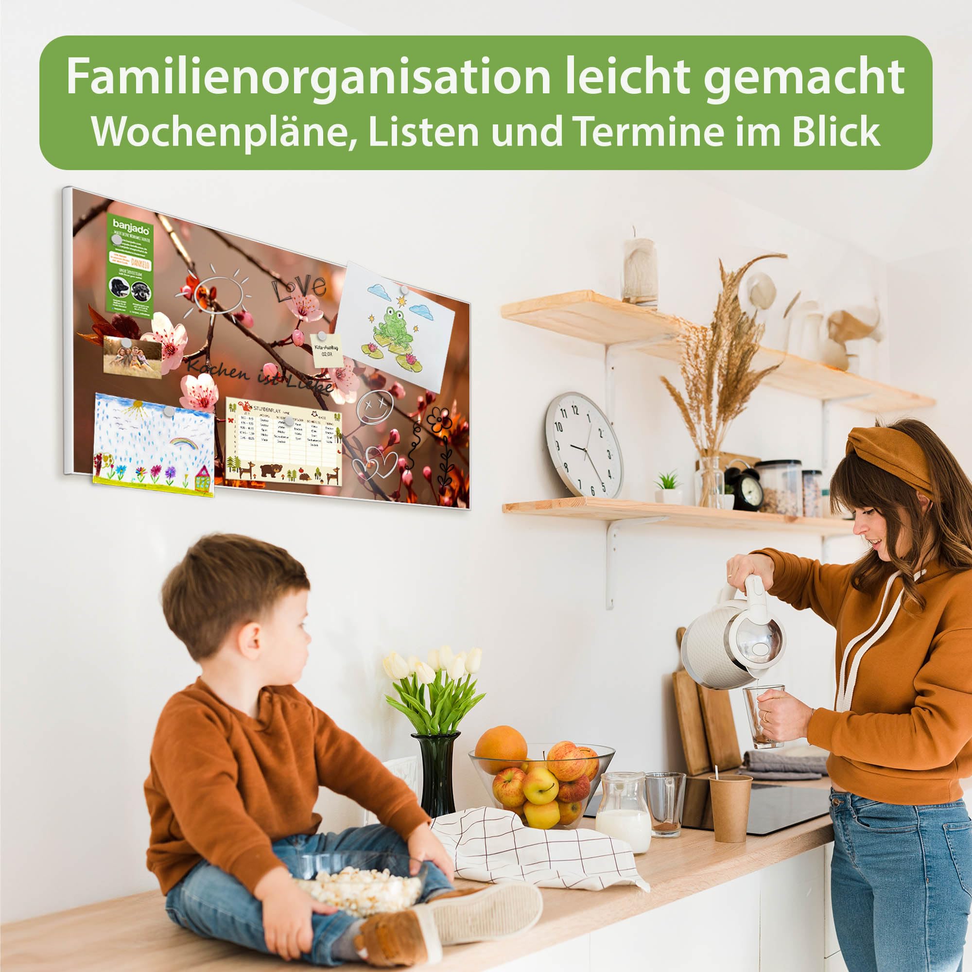 Banjado Magnettafel Blühender Kirschzweig weiß 78x37cm beschreibbar