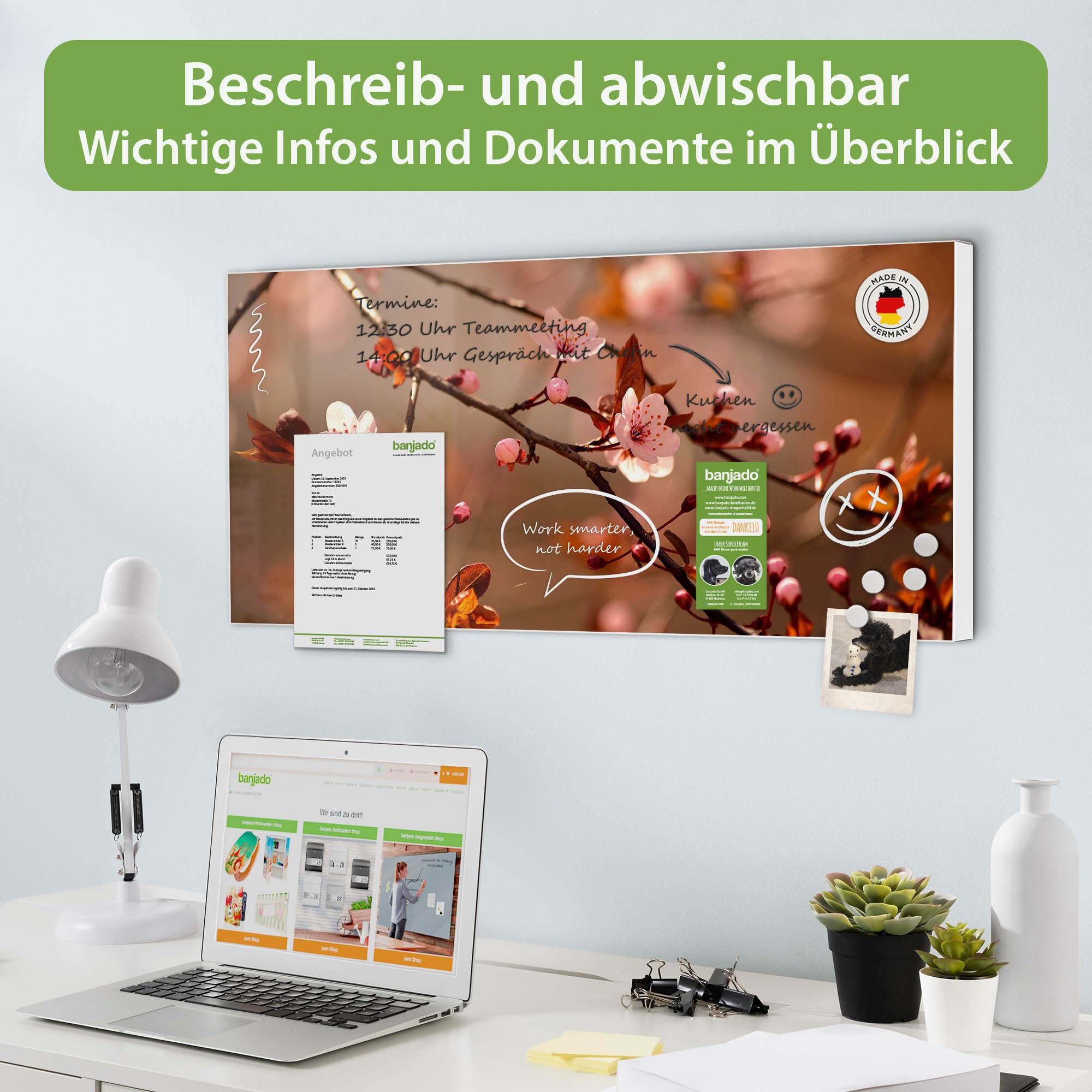 Banjado Magnettafel Blühender Kirschzweig weiß 78x37cm beschreibbar