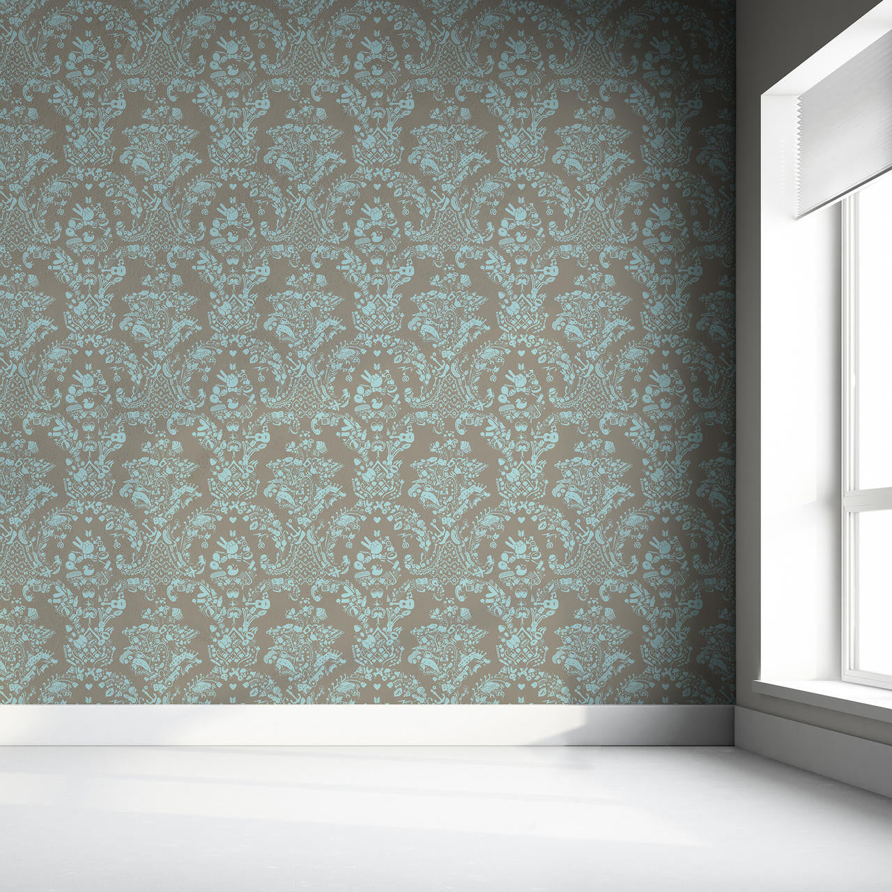 Mineheart New World Damask Tapete Rolle grau blau Ornament