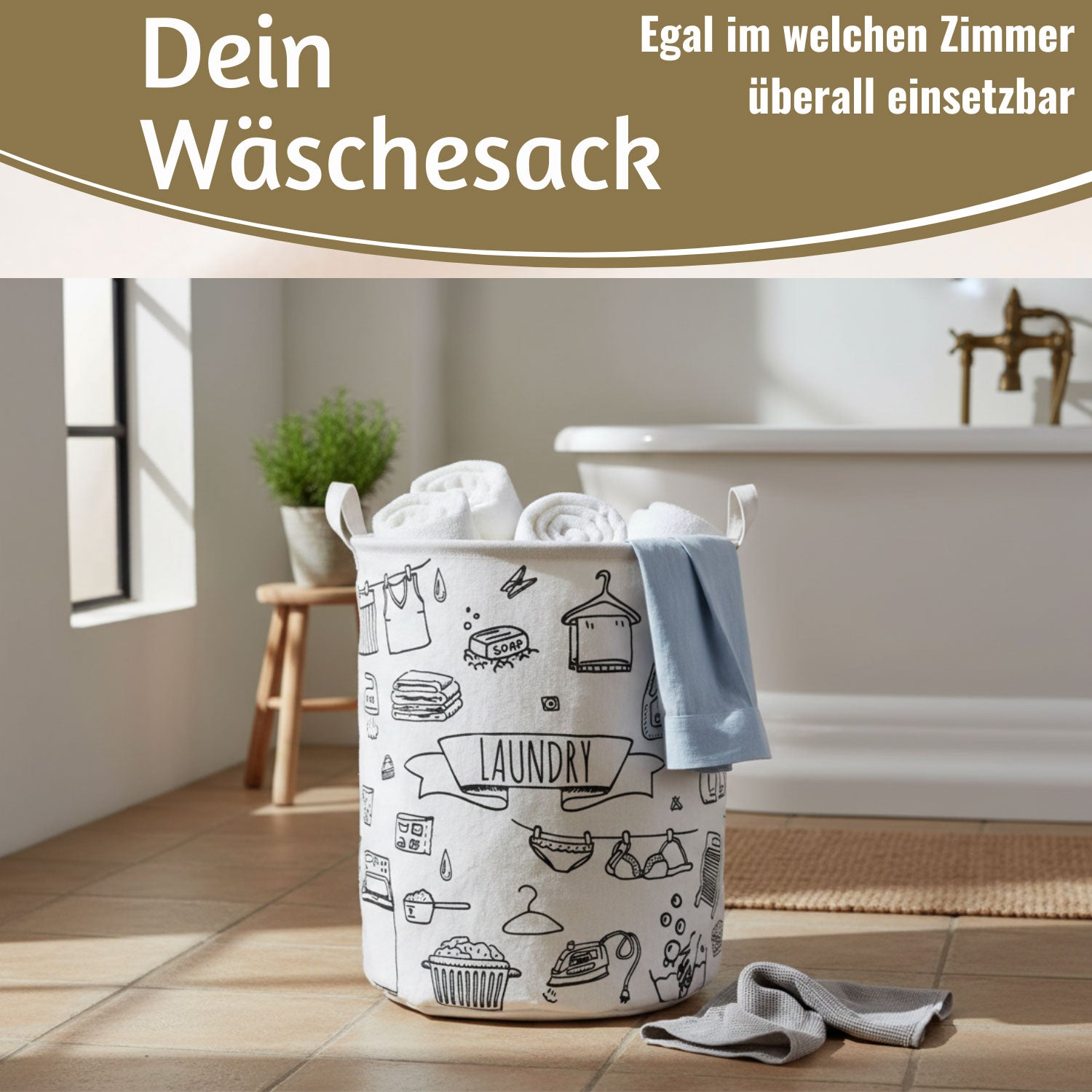 LS-LebenStil Laundry Wäschesack Canvas 62L creme 50cm faltbar