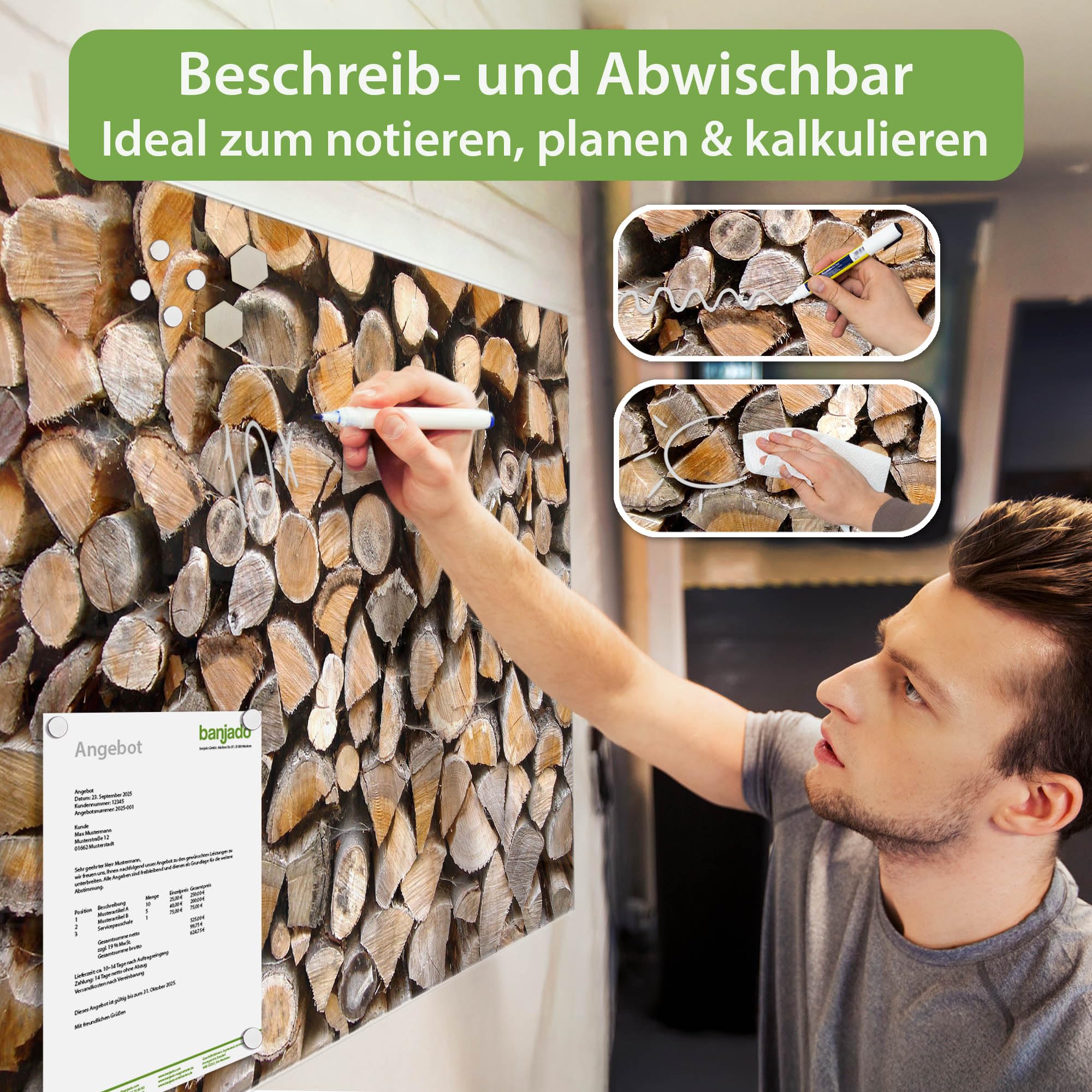 Banjado Magnettafel Holzstapel Glas-Magnettafel 120x80 cm Holz