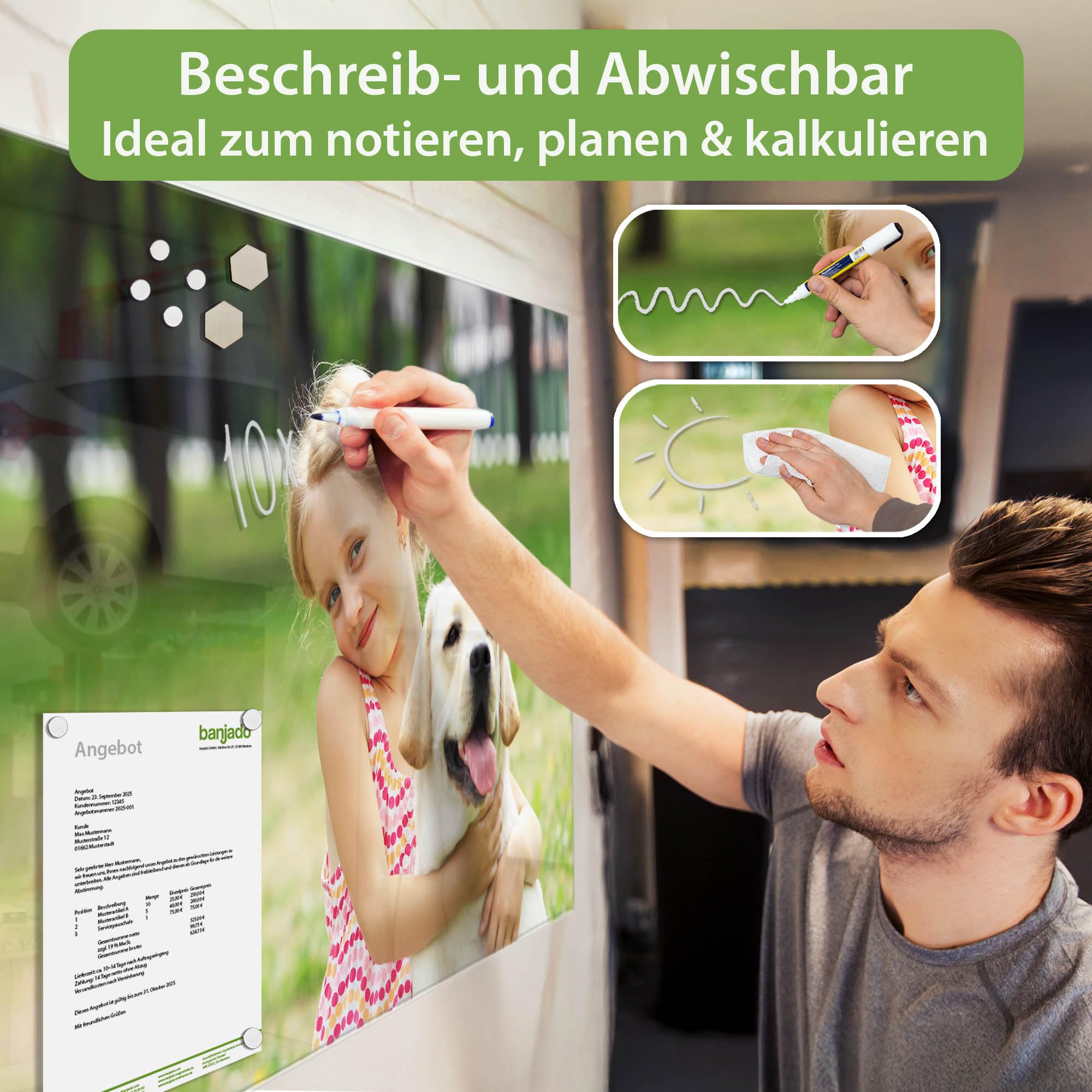 Banjado Magnettafel Glas 60x40 cm Magnetboard beschreibbar