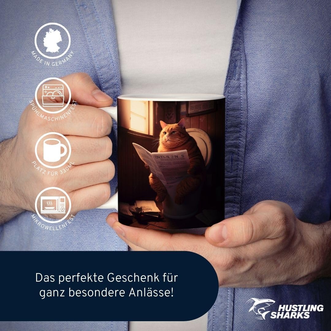 Hustling Sharks Katze auf Toilette Tasse 330ml weiß
