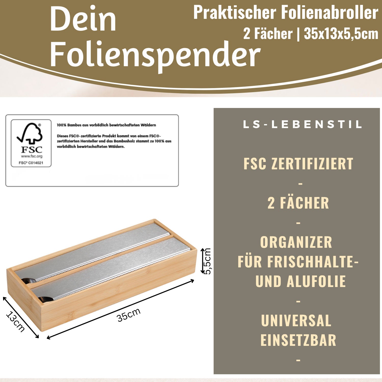 LS-LebenStil Folienspender Bambus 2-fach 35x13cm