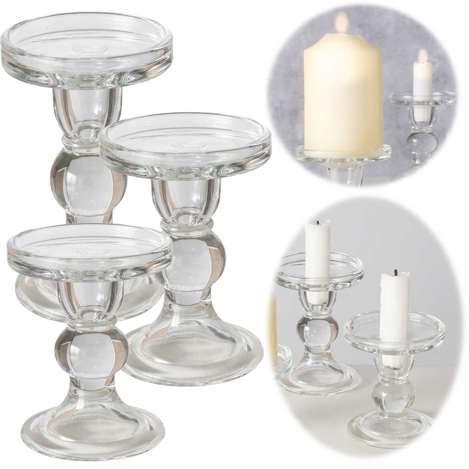 LS-LebenStil Glas Kerzenständer Klar 3er Set 28cm